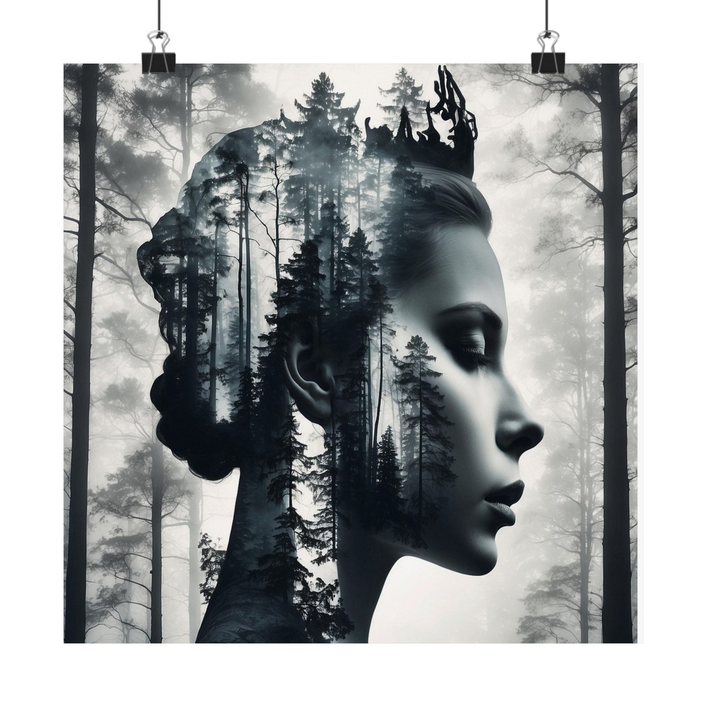 Artistic fusion of a woman's profile and forest landscape