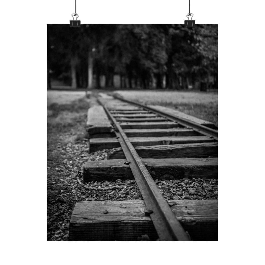 Black and white photograph of a railway track with trees in the background