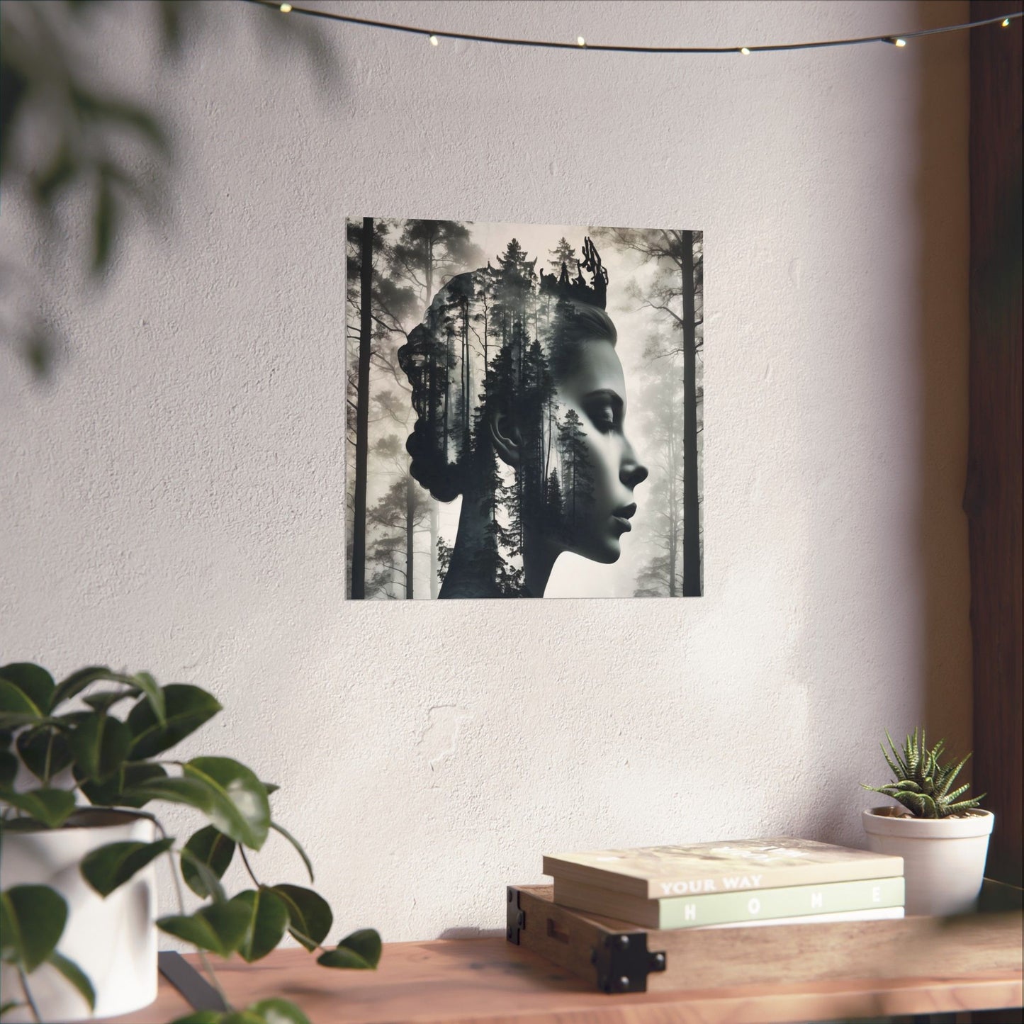Poster of a woman with a forest reflection on a wall above a wooden desk with plants.