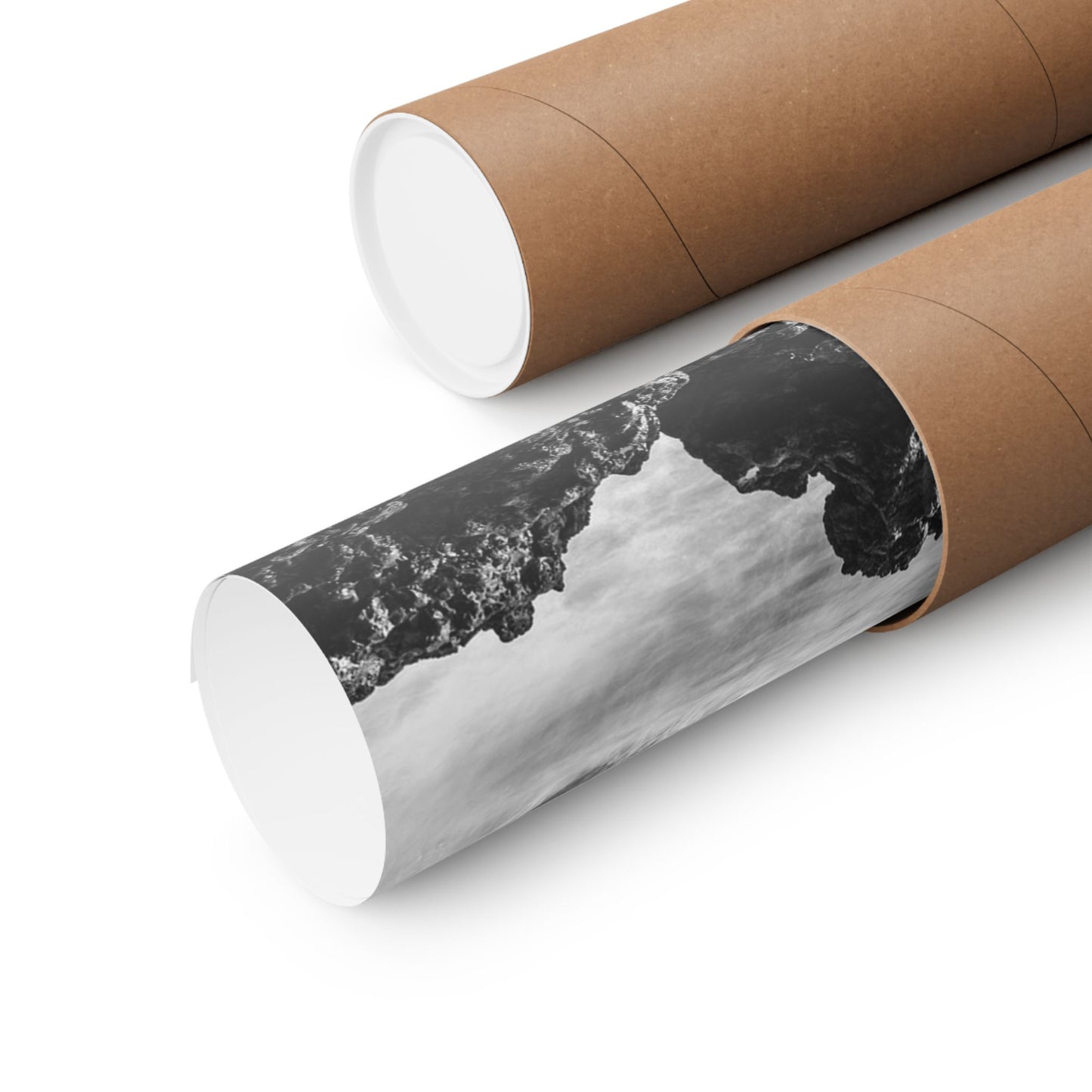 Roll of paper with a black and white design on a cardboard tube against a white background