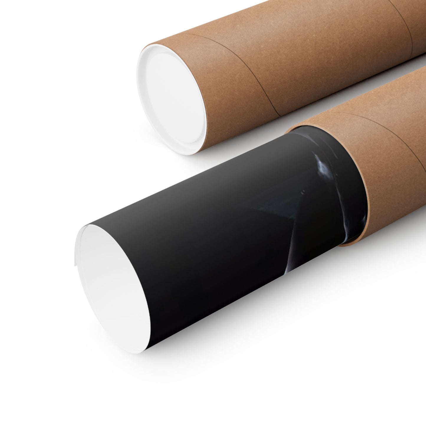 Two cylindrical paper tubes, one black and one brown with white ends, on a white background.