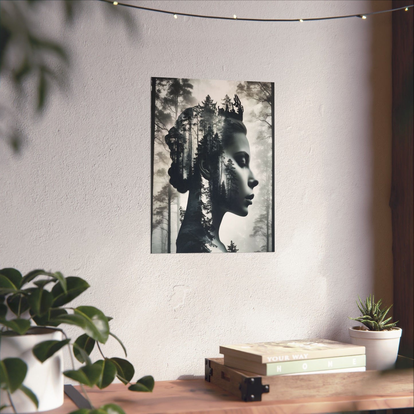Framed artwork of a woman's profile with a forest background on a white wall, with a wooden desk and plants in the foreground.