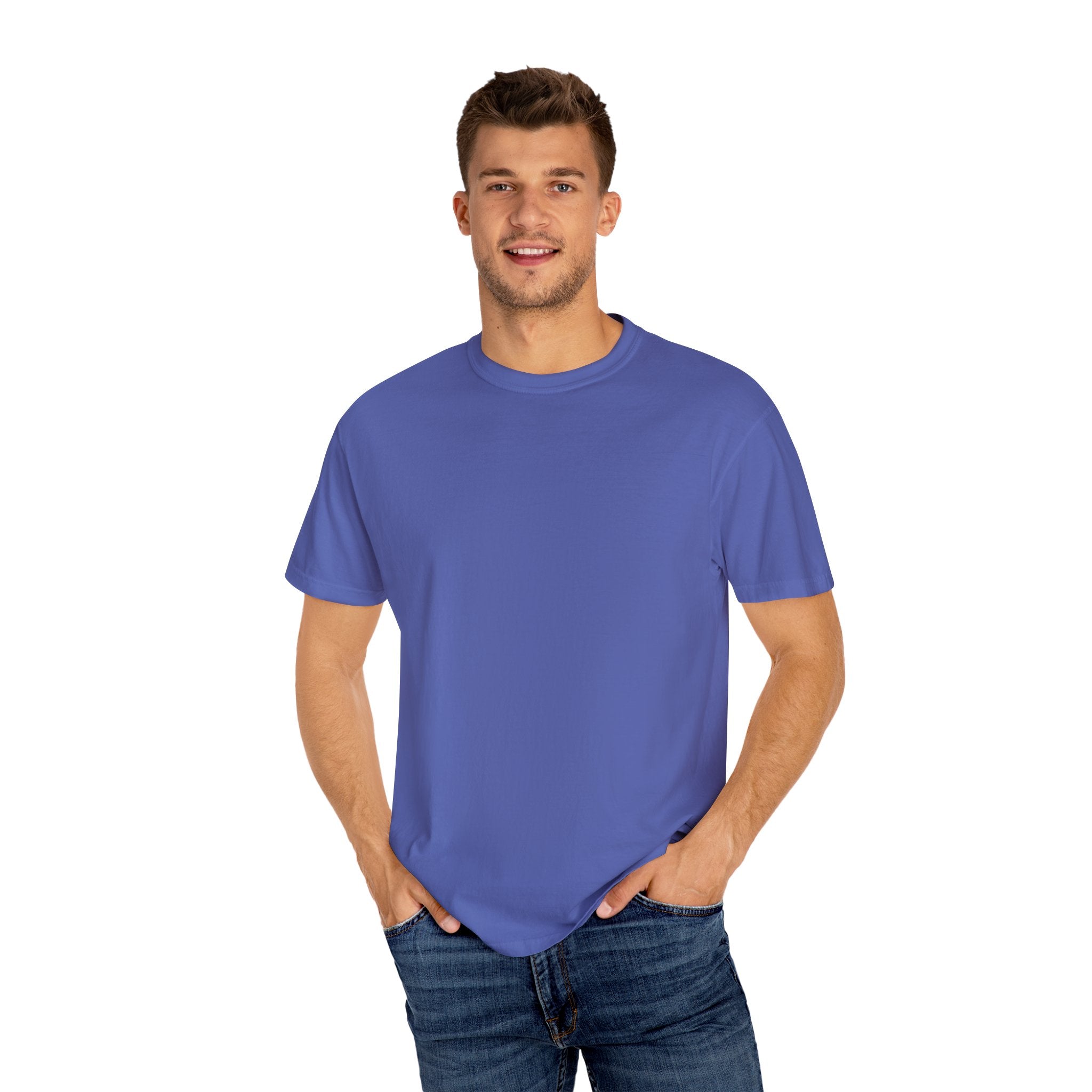 Man wearing a blue t-shirt on a white background