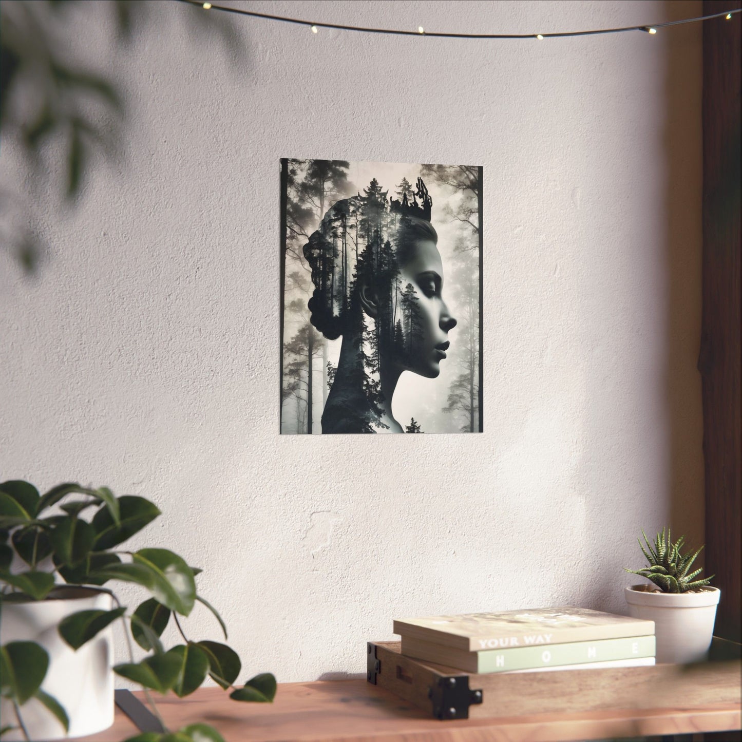 Framed artwork of a woman's face with a crown on a white wall above a wooden table with plants.