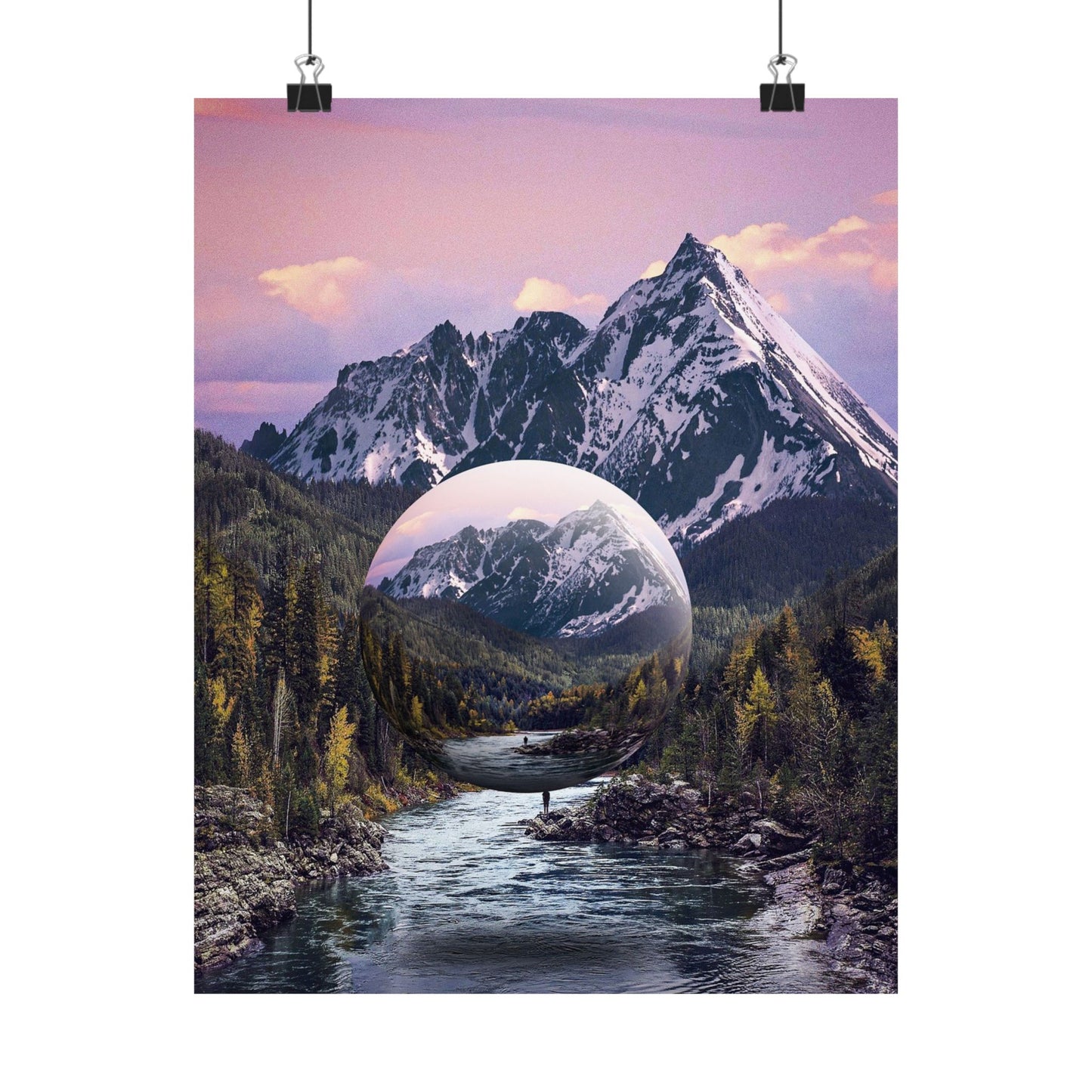 Mountain landscape with a river and a spherical planet overlay