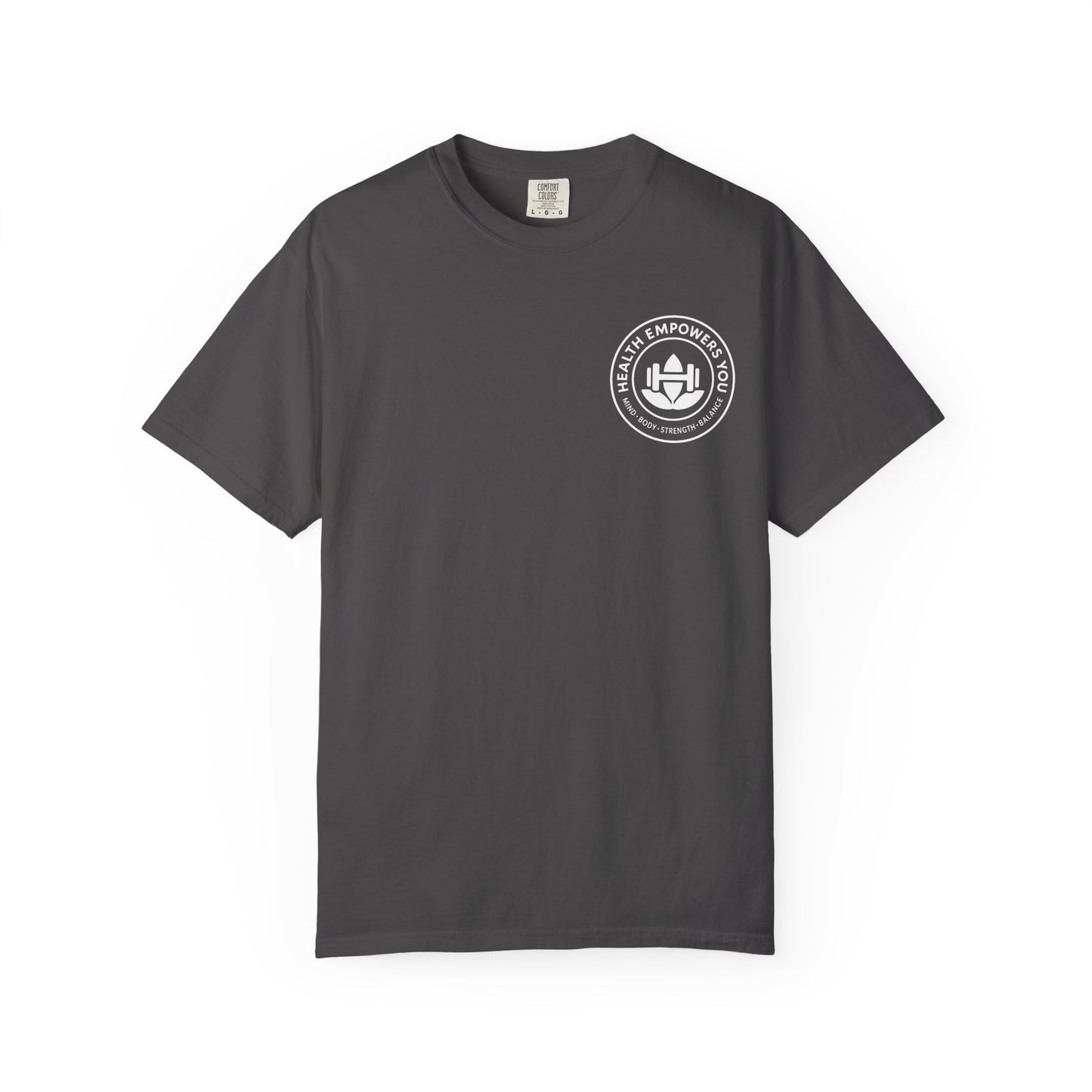 Gray t-shirt with a logo on the chest against a white background