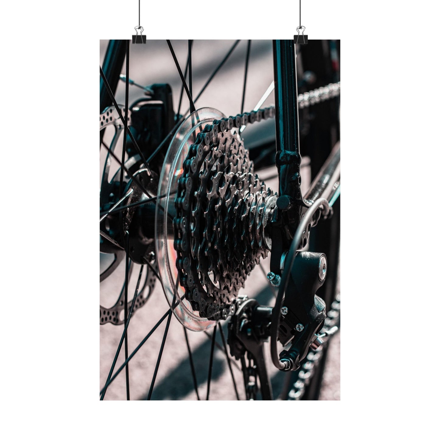 Close-up of a bicycle gear system with a blurred background