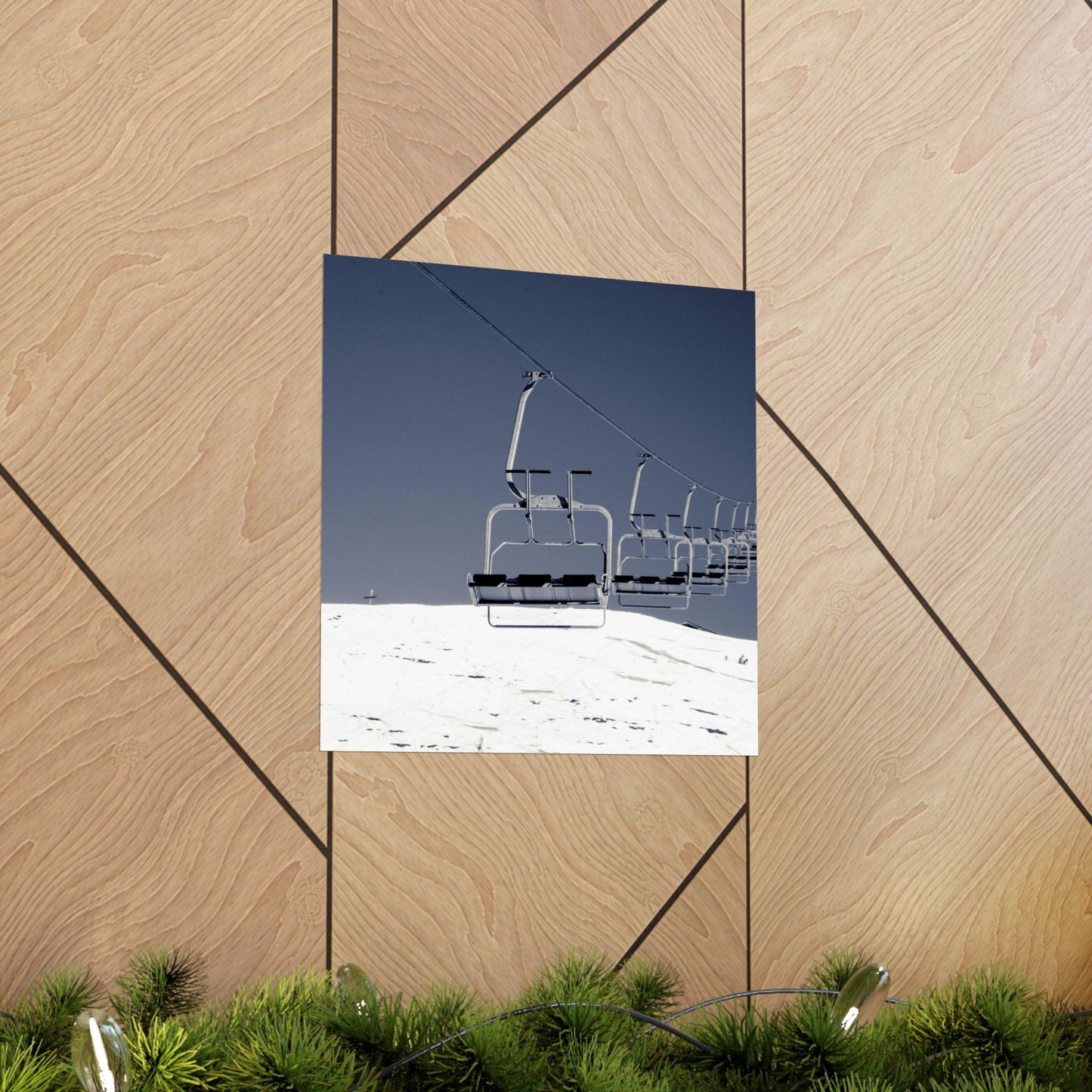 Mirror with ski lift reflection on a wooden wall