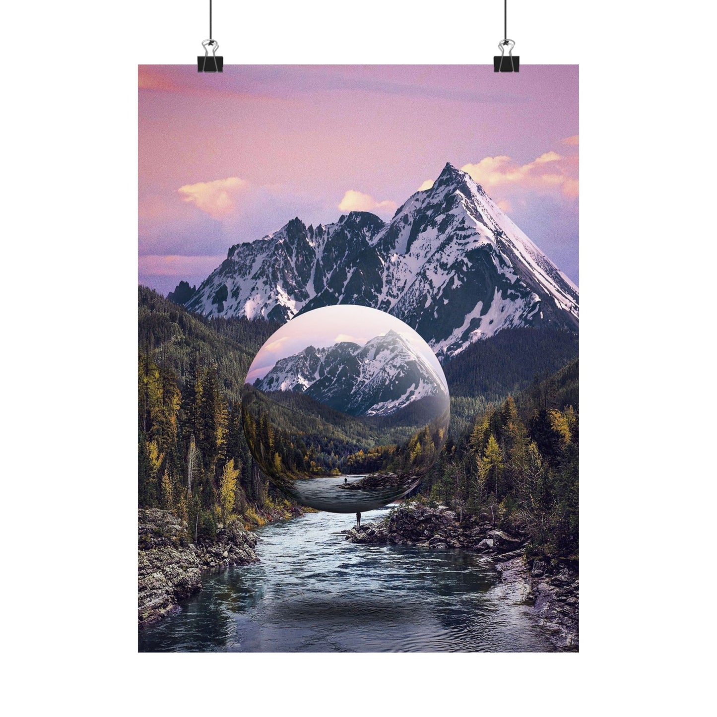 Mountain landscape with a reflective lake and a spherical reflection effect.