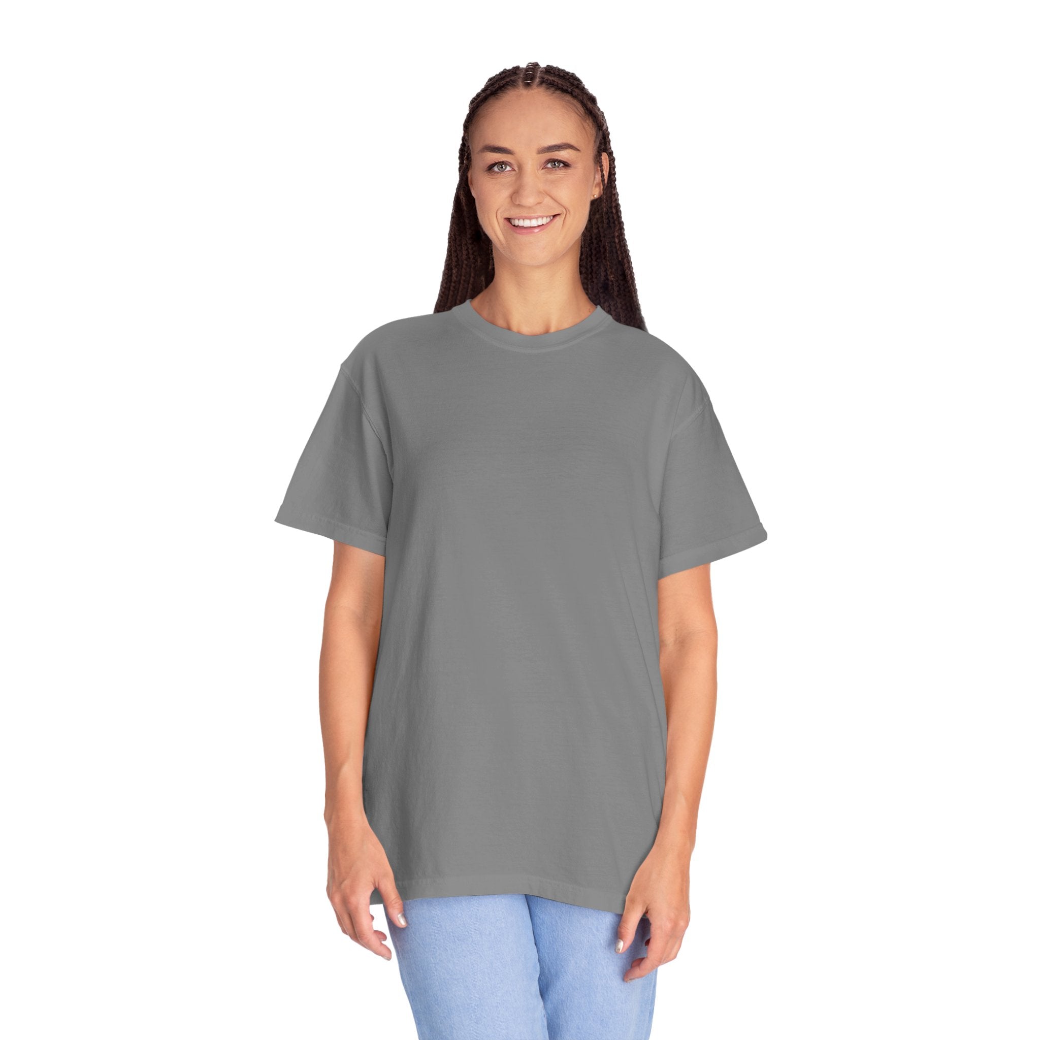 Woman wearing a gray t-shirt on a white background