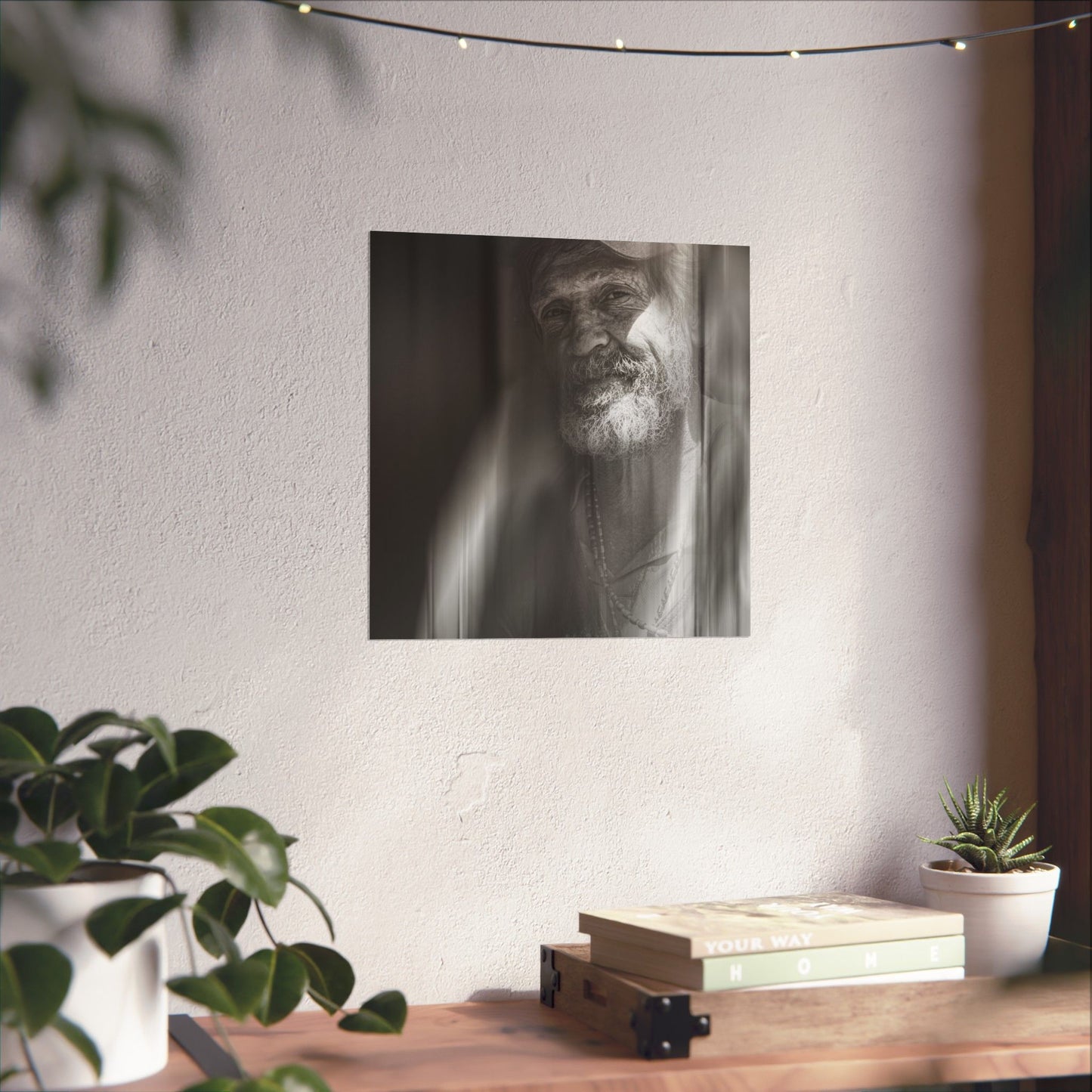 Black and white portrait of a man on a wall above a wooden desk with plants and books.