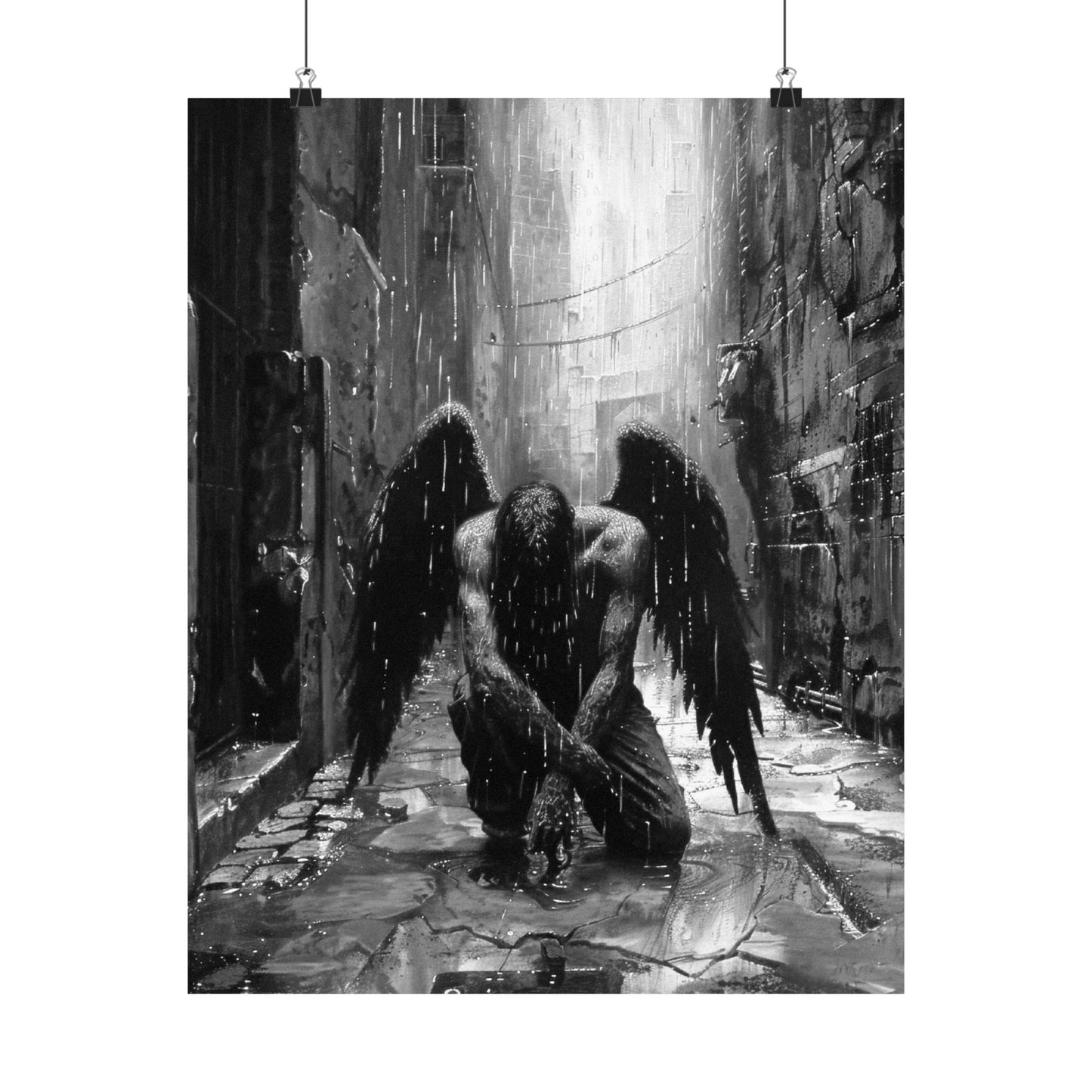 Black and white artwork of an angel with a broken wing in a desolate alley.