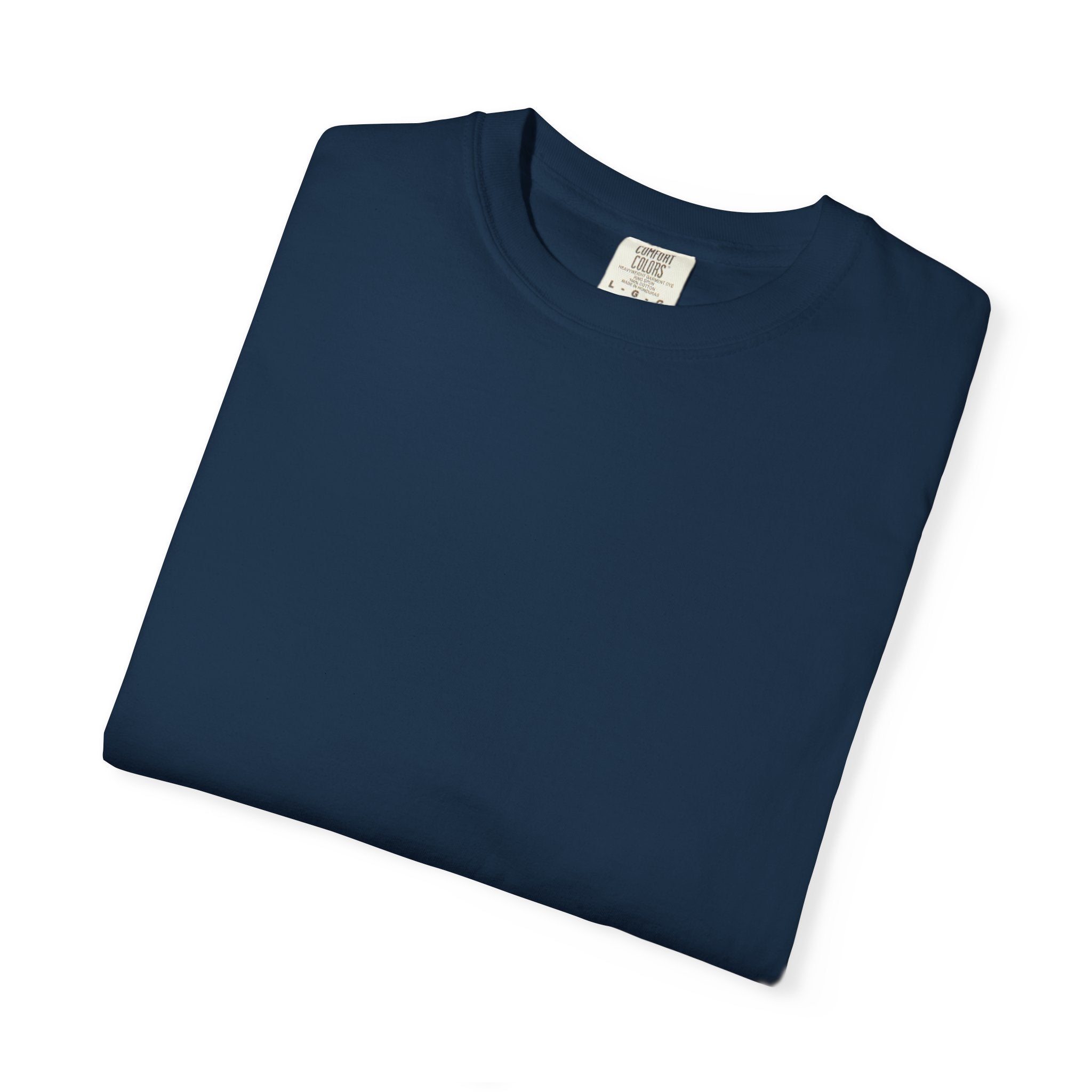 Folded navy blue t-shirt with a brand label on a white background