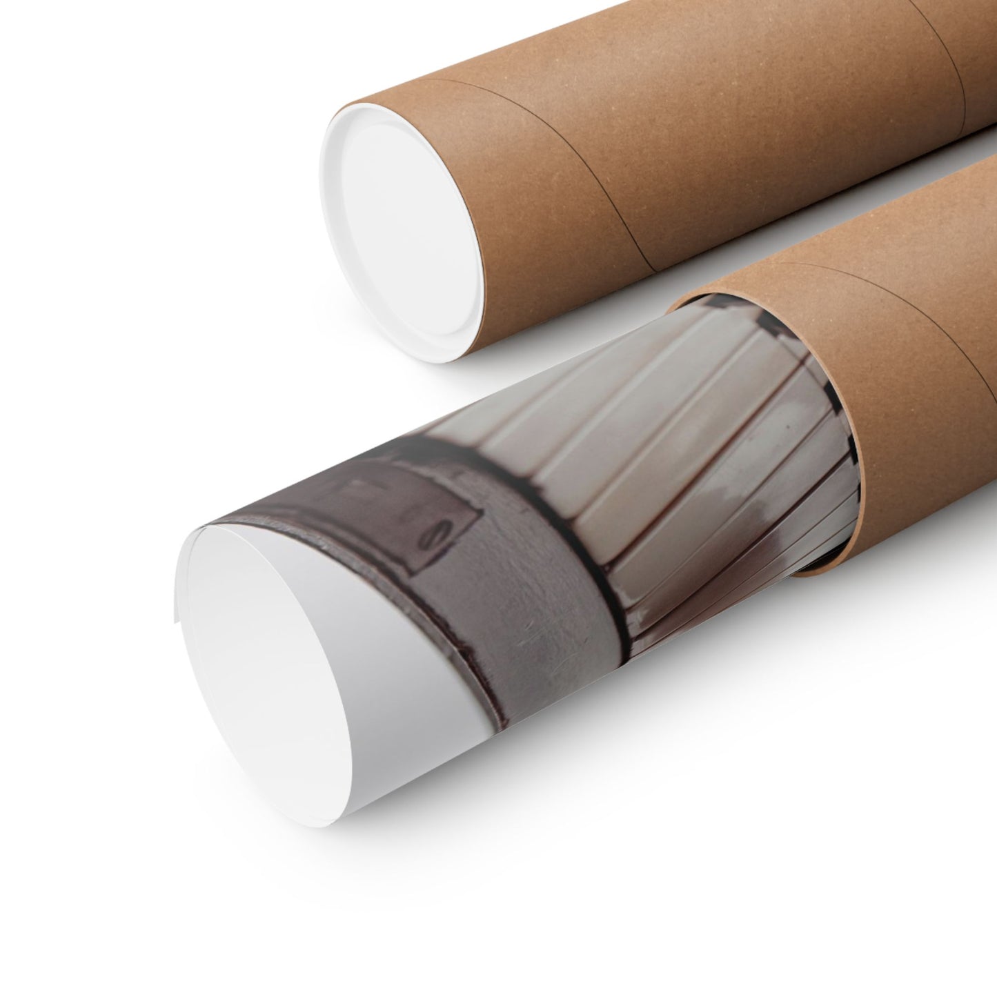 Two cardboard tubes with white ends on a white background