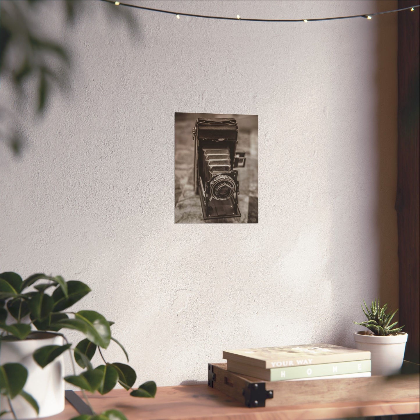 Poster of a vintage camera on a wall above a wooden table with plants and books.
