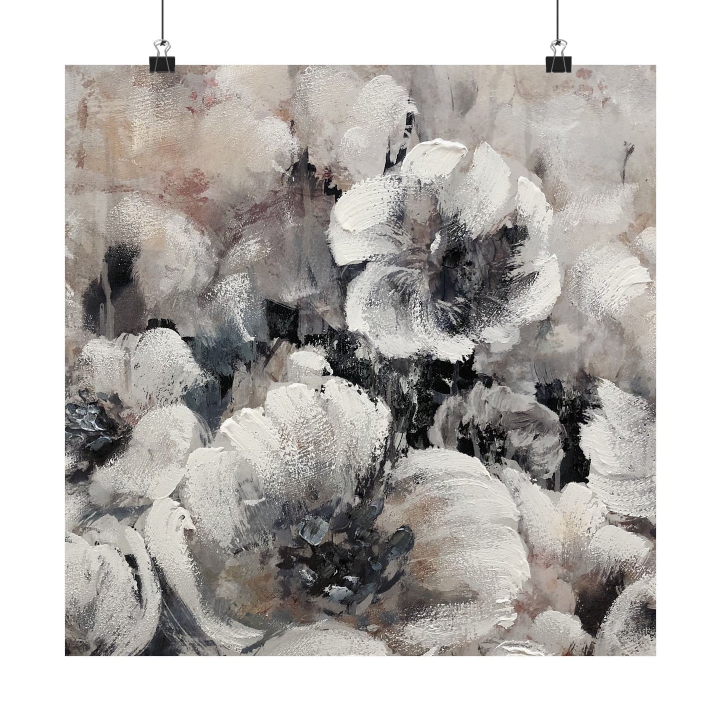 Abstract floral painting with white, black, and gray tones on a textured background.