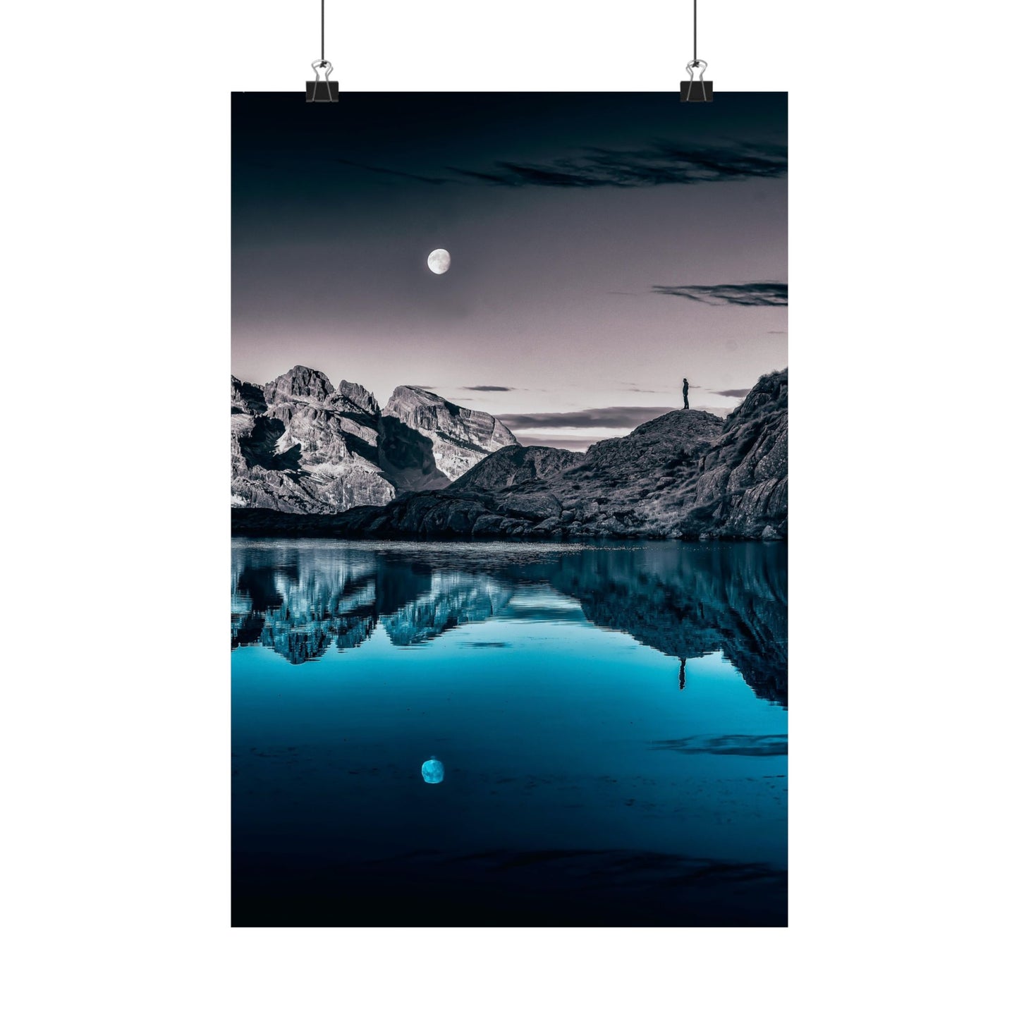 Mountain landscape with a lake and moon reflection, framed as a poster.