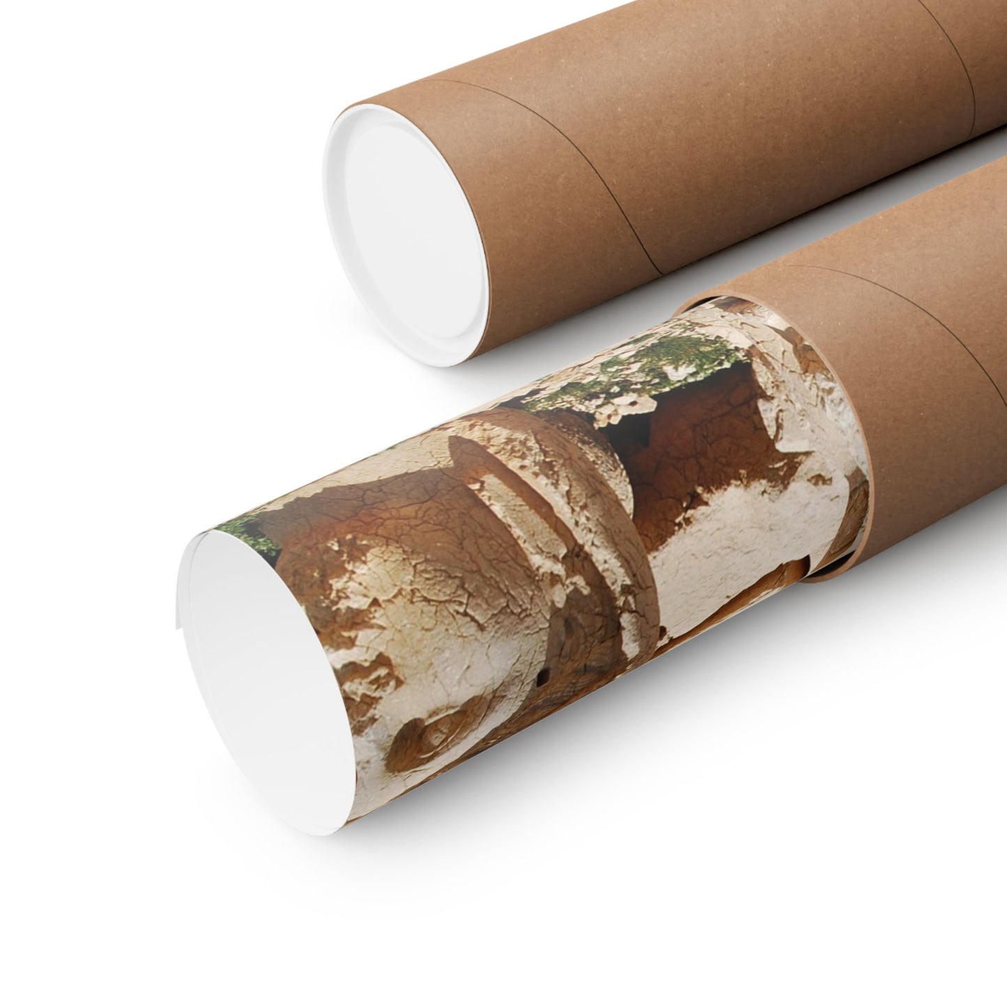 Two cardboard tubes with one featuring a camouflage pattern on a white background
