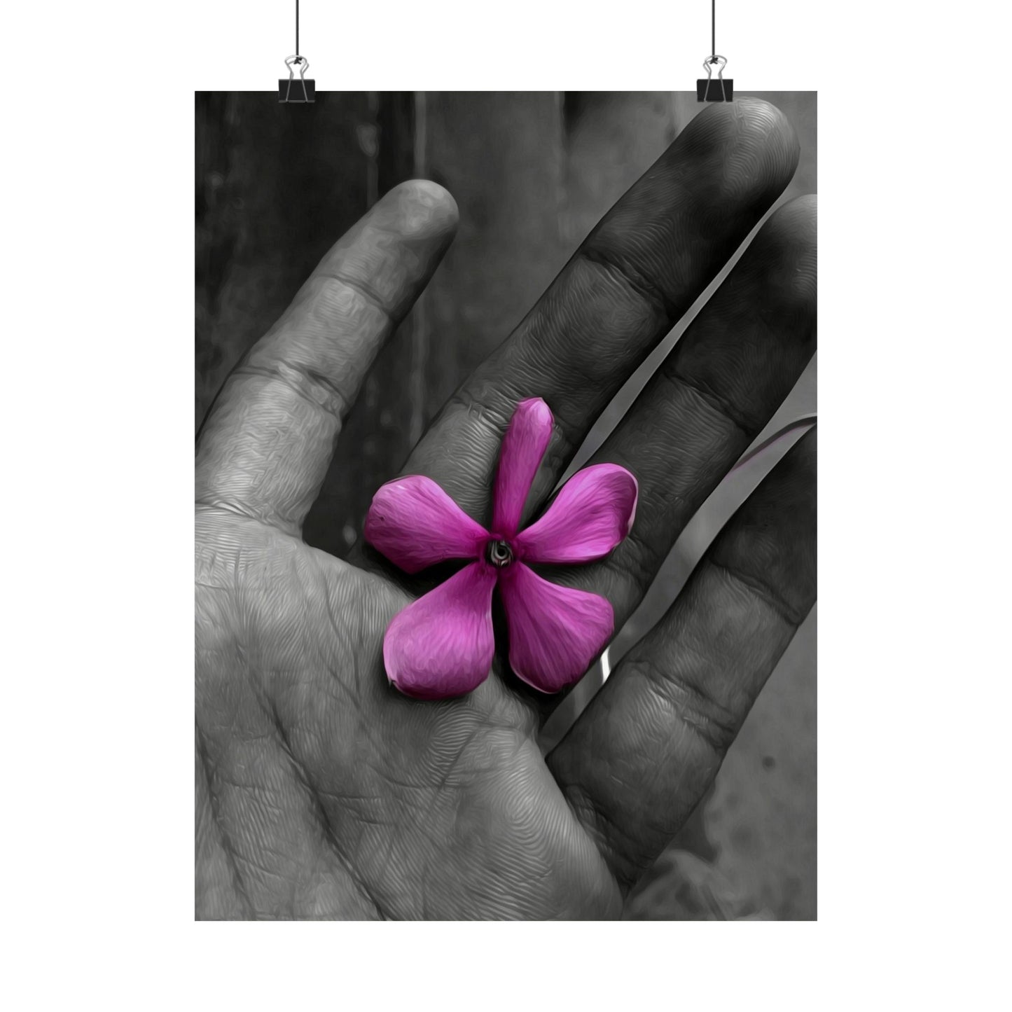 Hand holding a pink flower with a black and white background