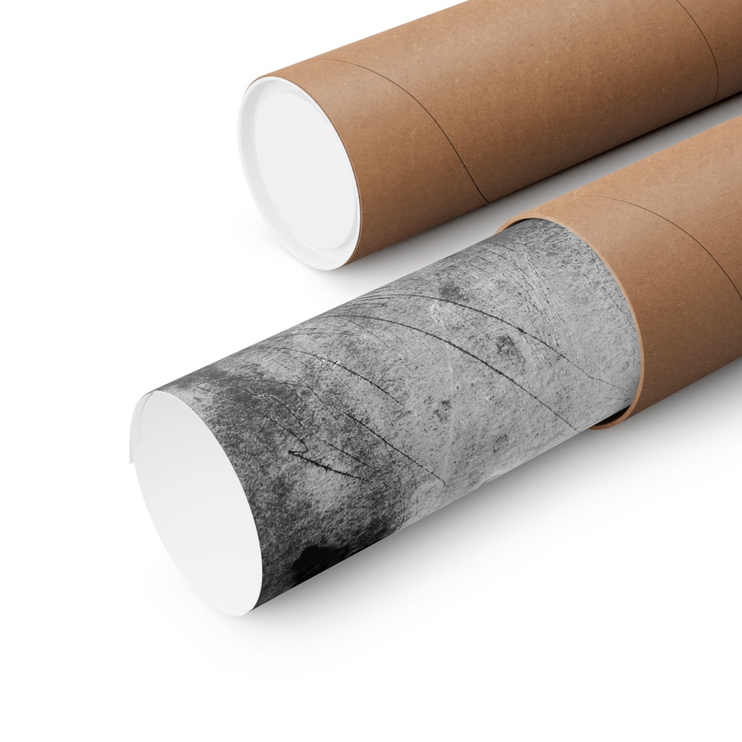 Two cardboard tubes with one wrapped in gray paper on a white background