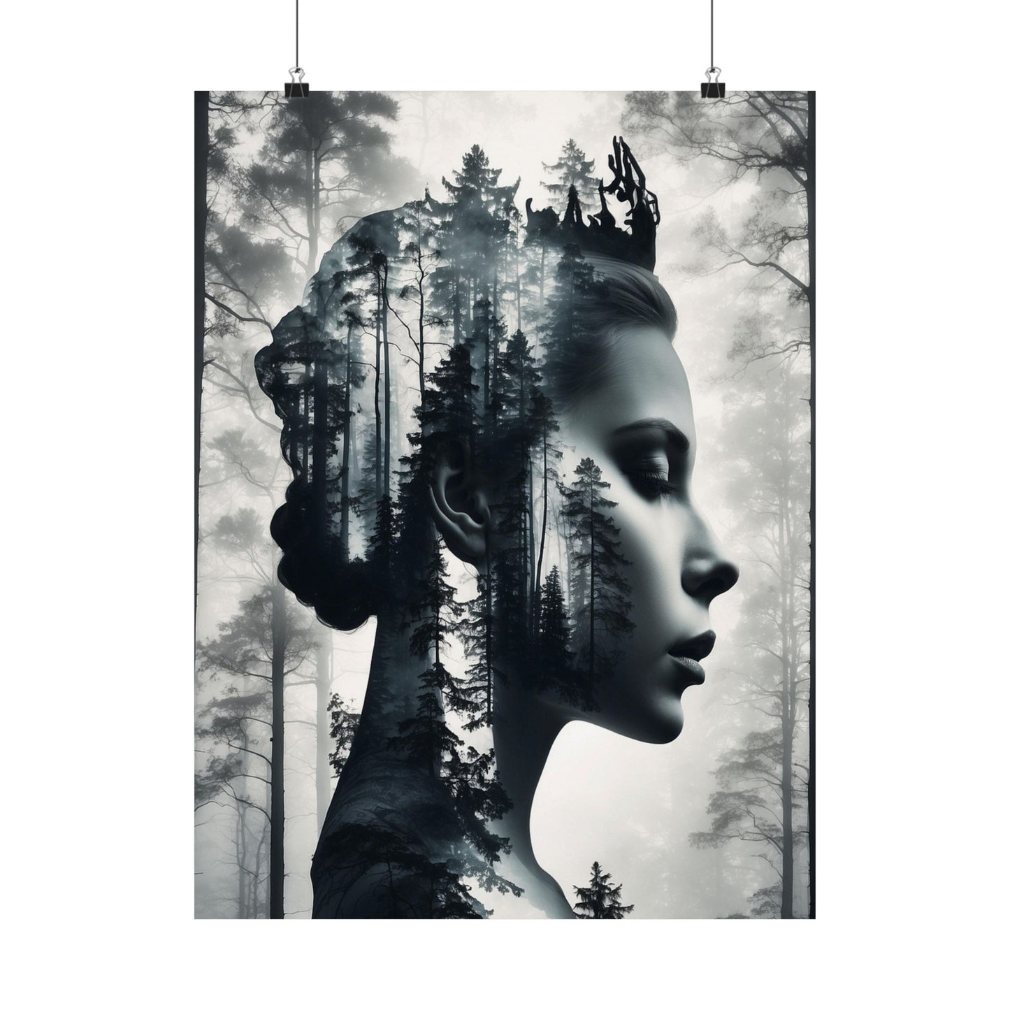 Artistic poster of a woman's profile with trees superimposed on her hair and forehead, set against a forest background.