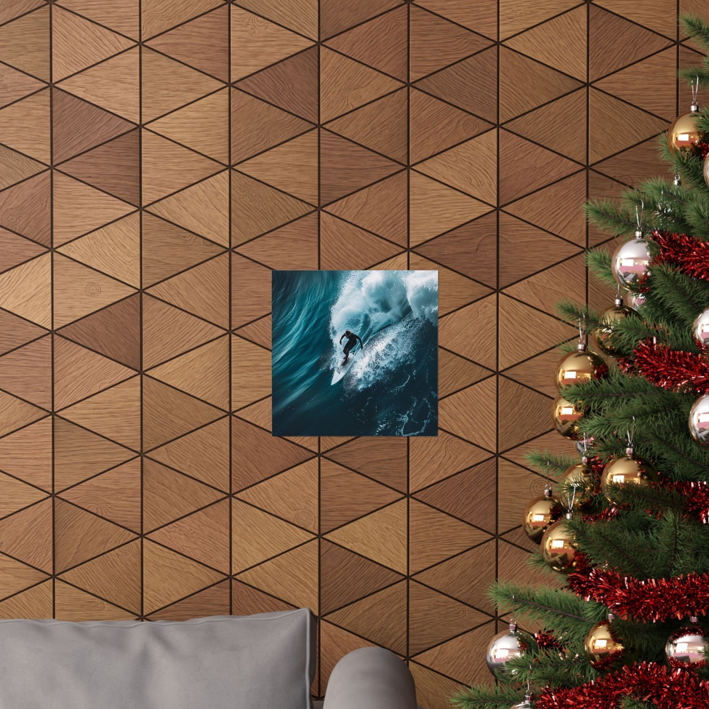 Wooden wall with geometric pattern, framed artwork of a surfer, and a decorated Christmas tree.