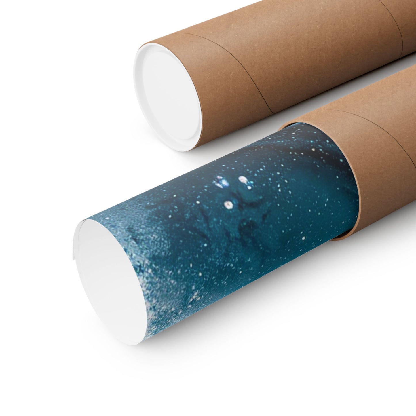 Roll of blue wallpaper with cardboard tube on a white background