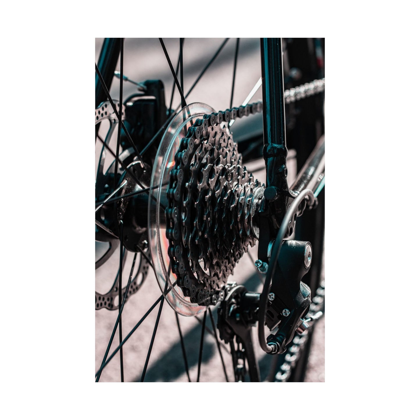 Close-up of a bicycle gear system with a blurred background