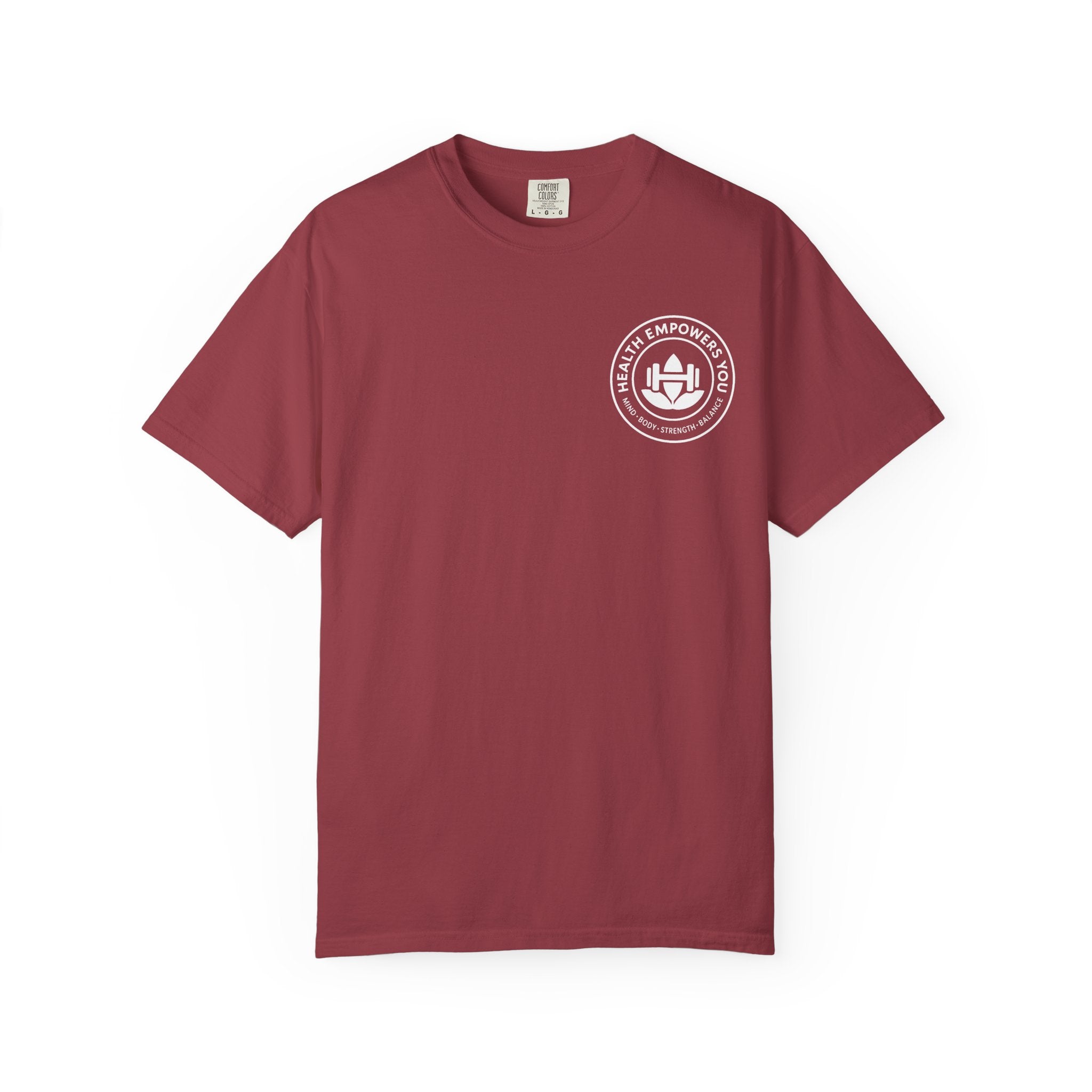 Maroon t-shirt with a white logo on a white background