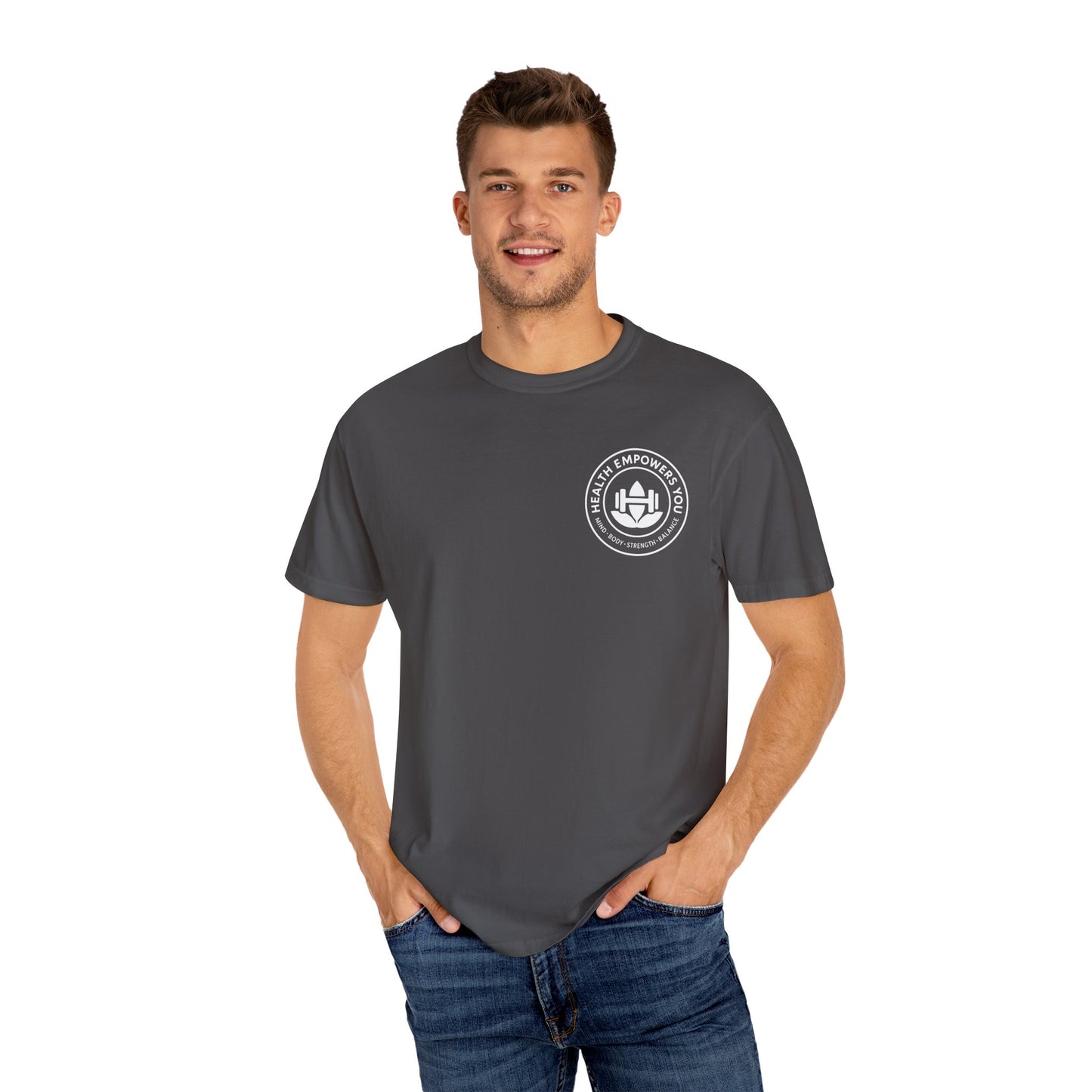 Man wearing a gray t-shirt with a logo on a white background