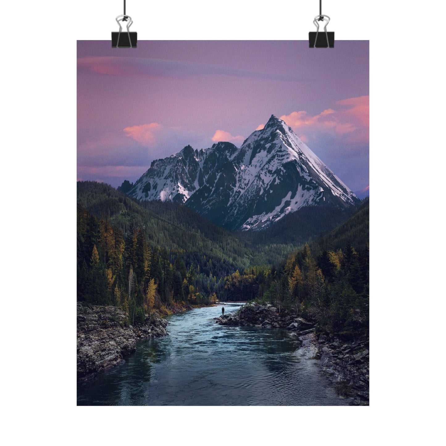 Mountain landscape with a river and forest under a purple sky