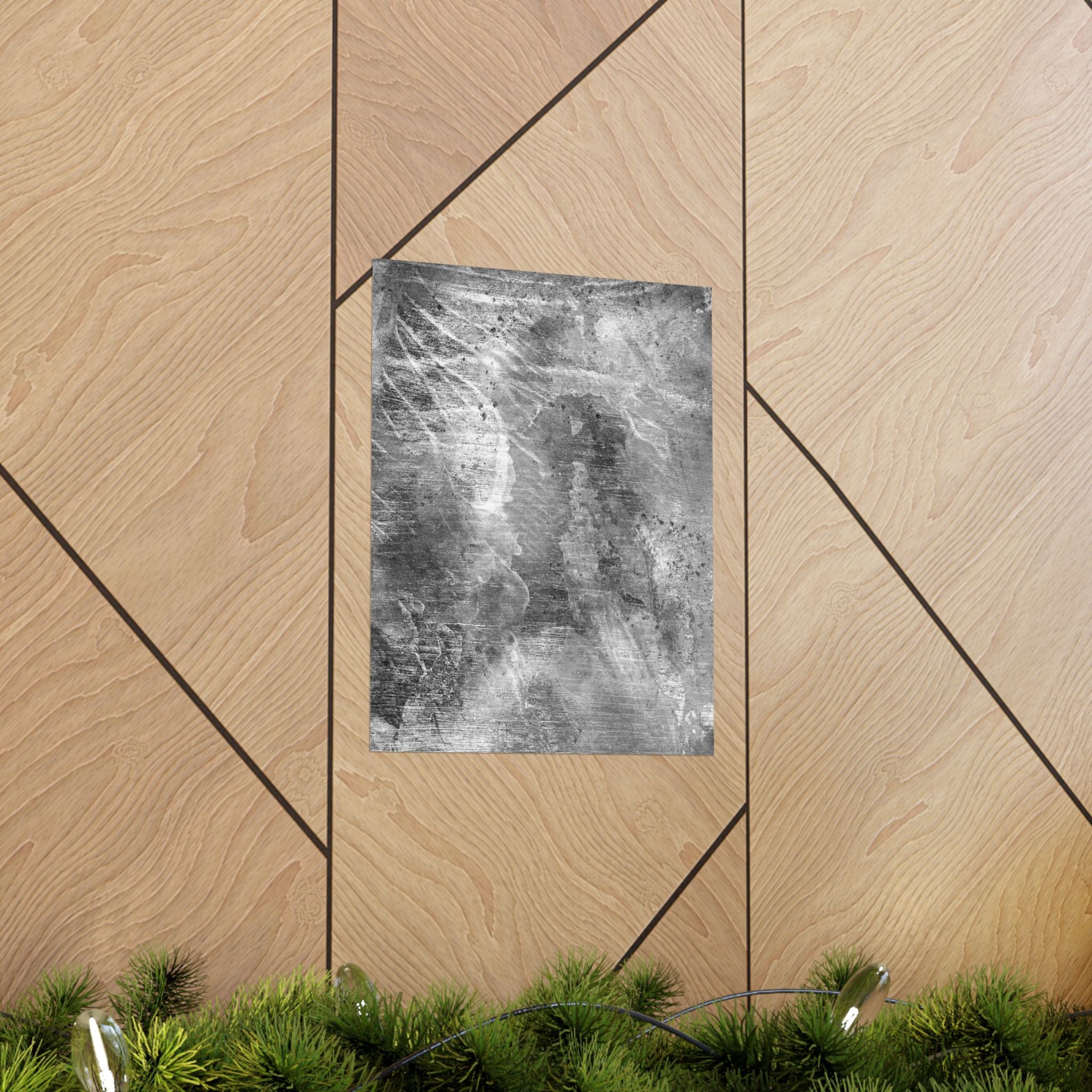 Abstract black and white painting on a wooden wall with geometric patterns
