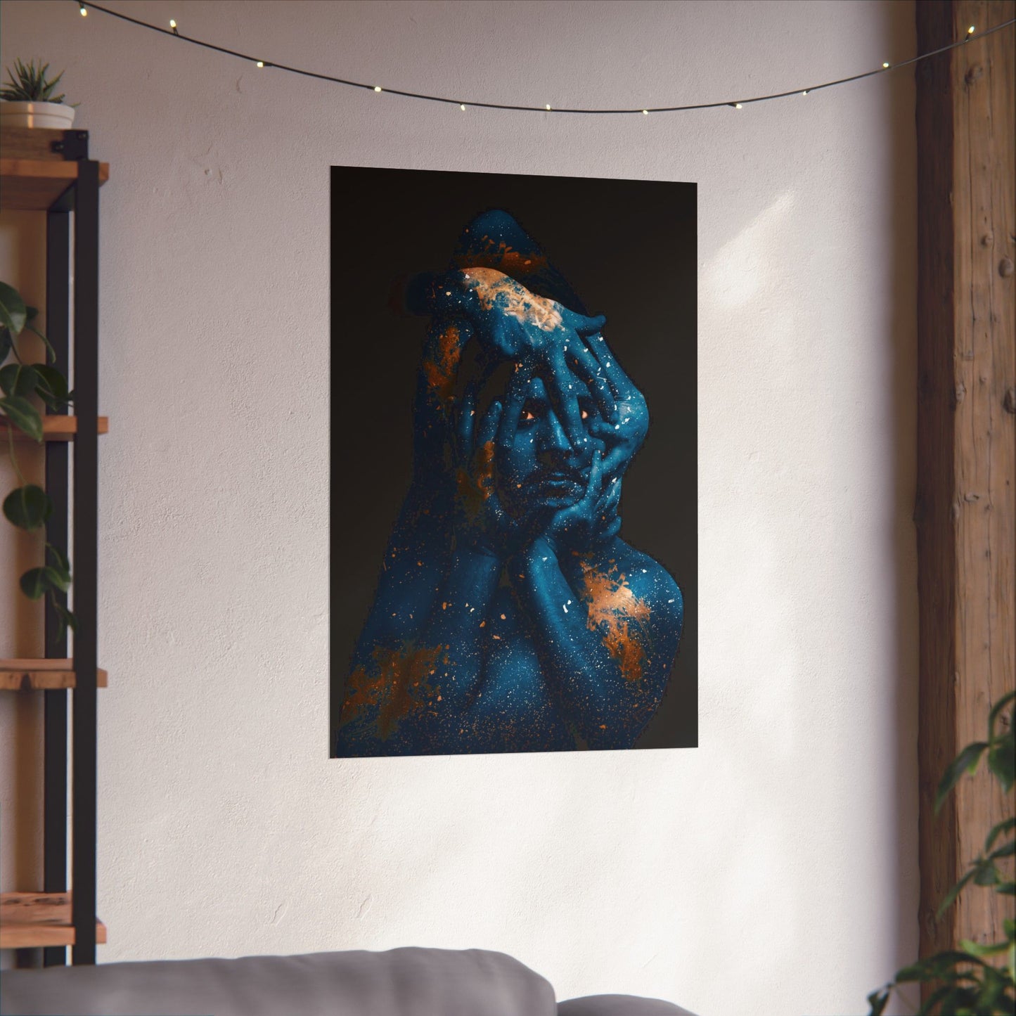 Artistic depiction of a couple embracing on a wall in a room with a shelf and plants.