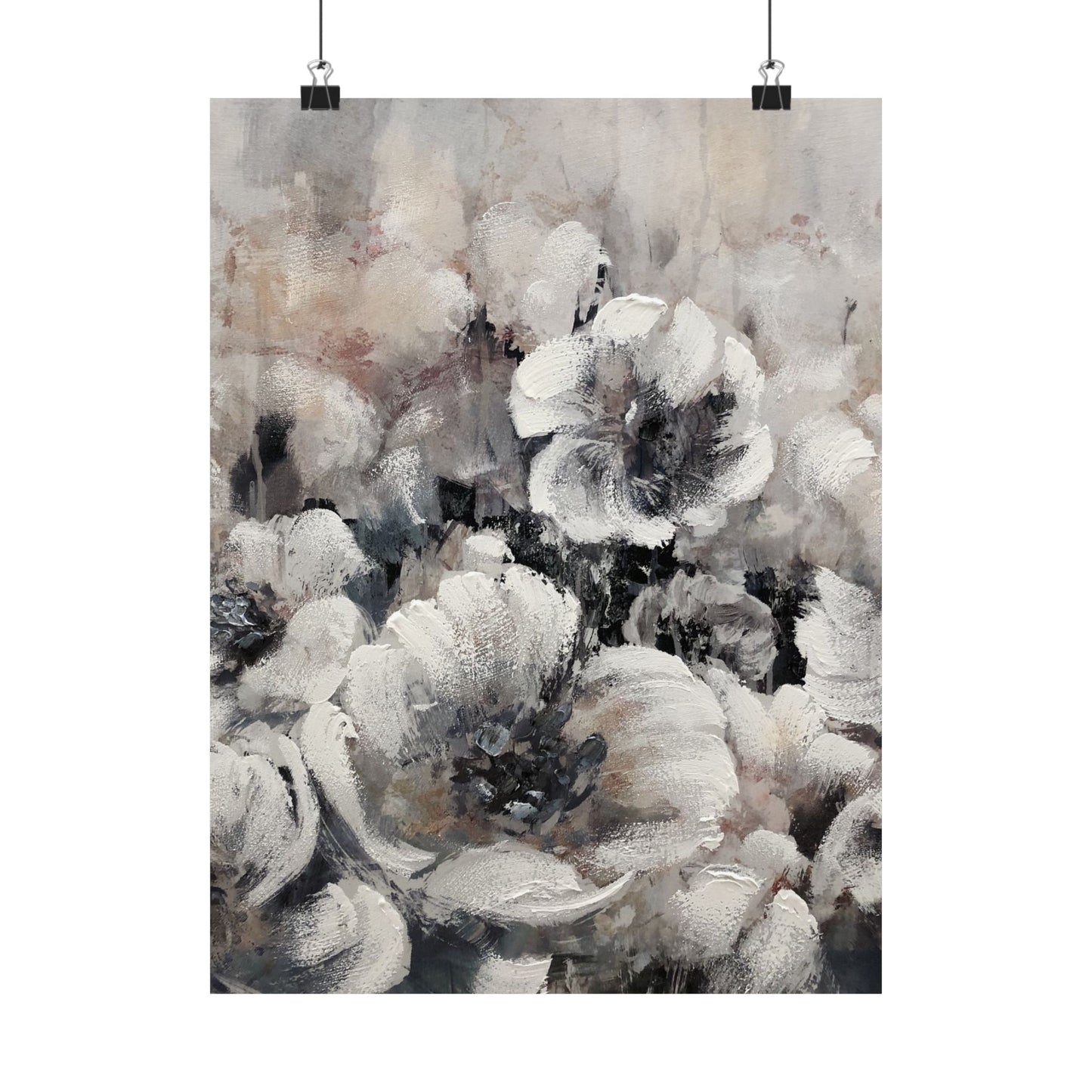 Abstract floral painting with soft gray and white tones on a textured background.