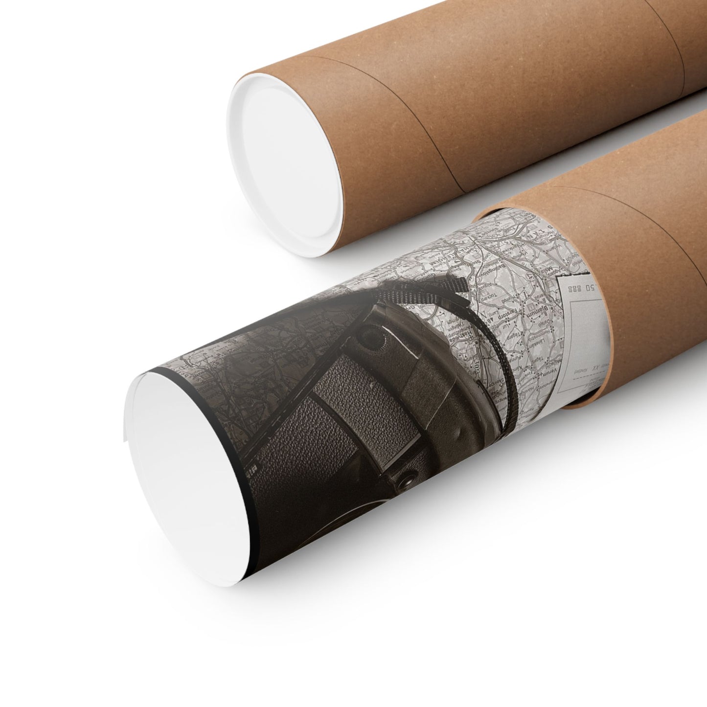 Two rolls of paper with different designs on a white background