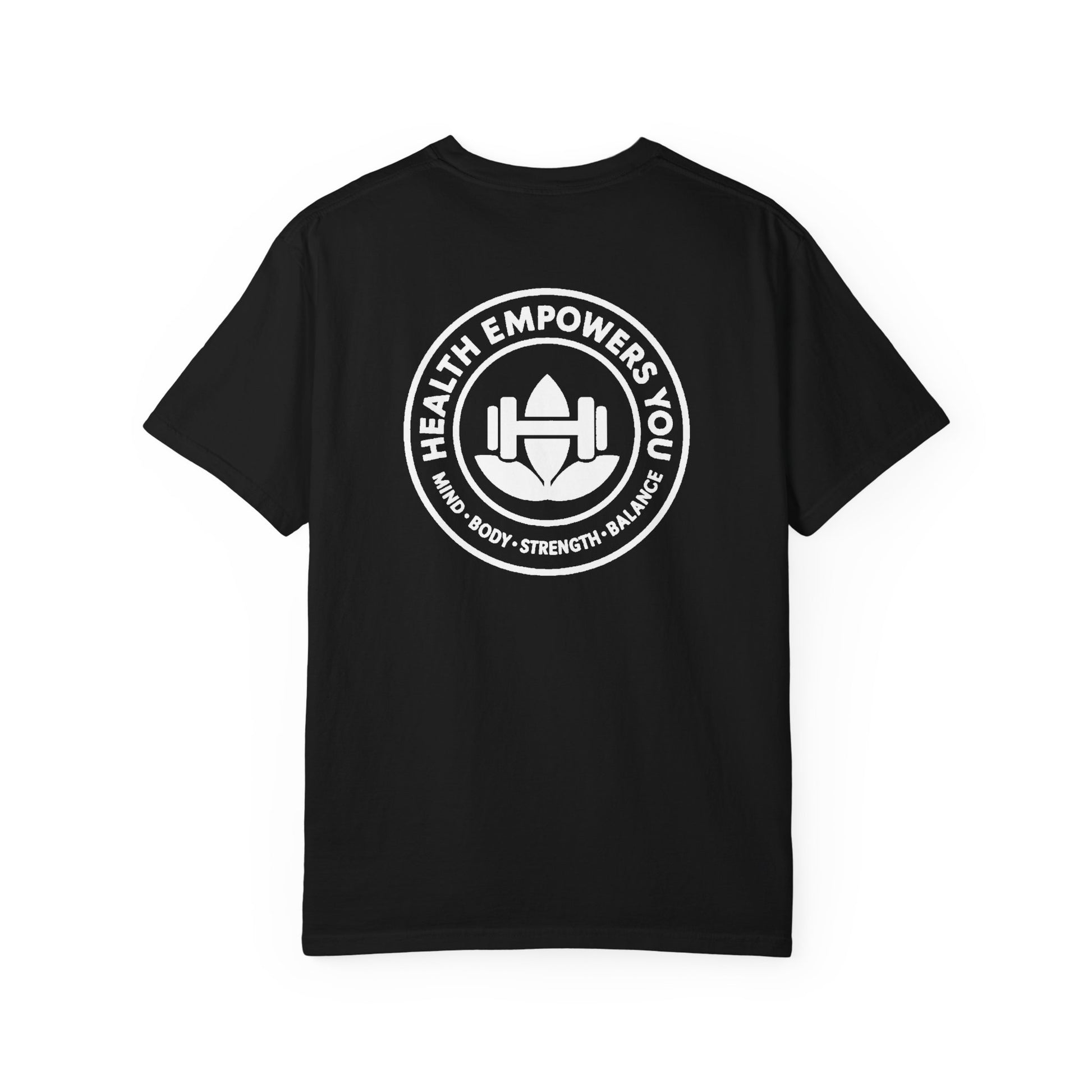 Black t-shirt with a white logo and text on the back against a white background