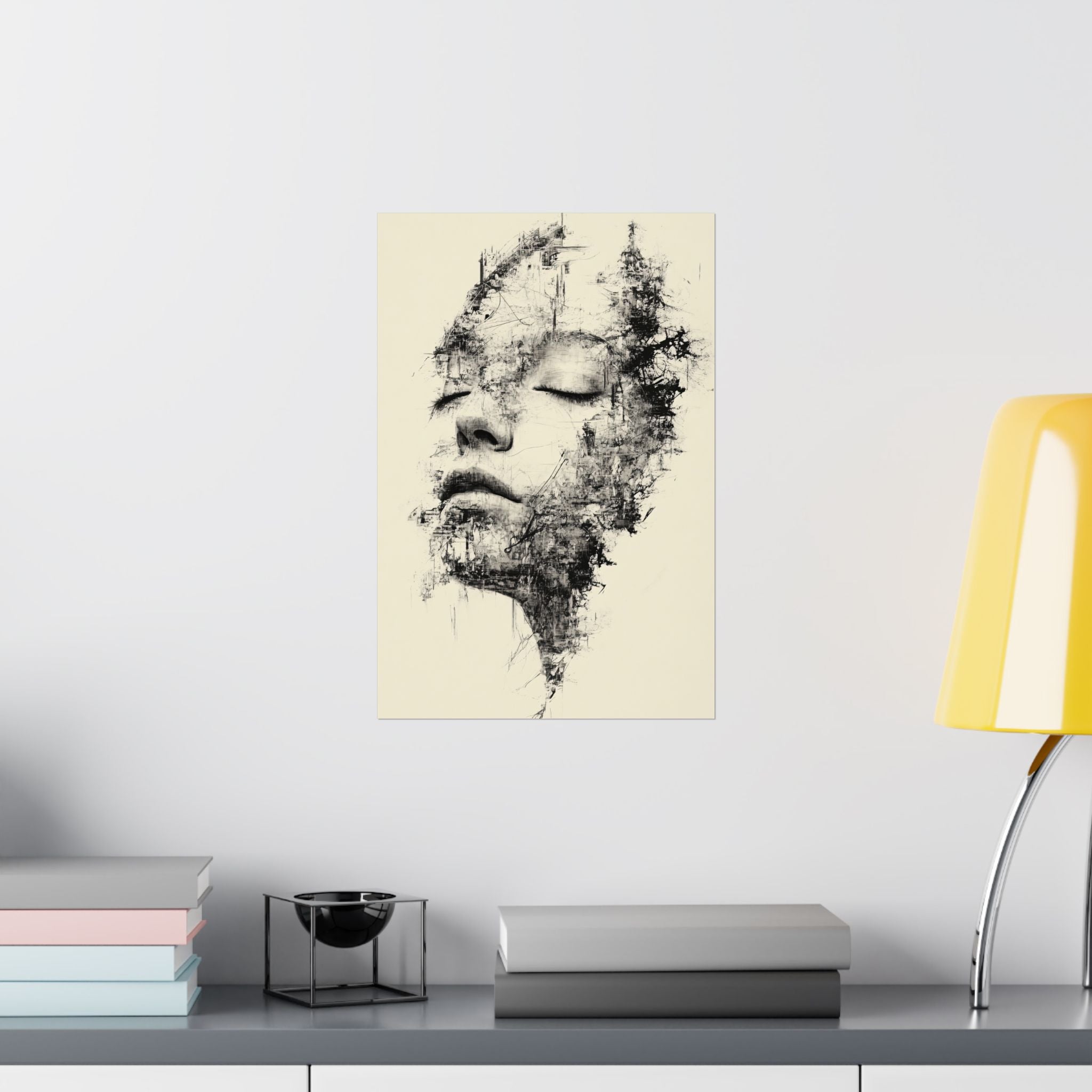 Abstract art print of a face on a wall above a shelf with books and a lamp.