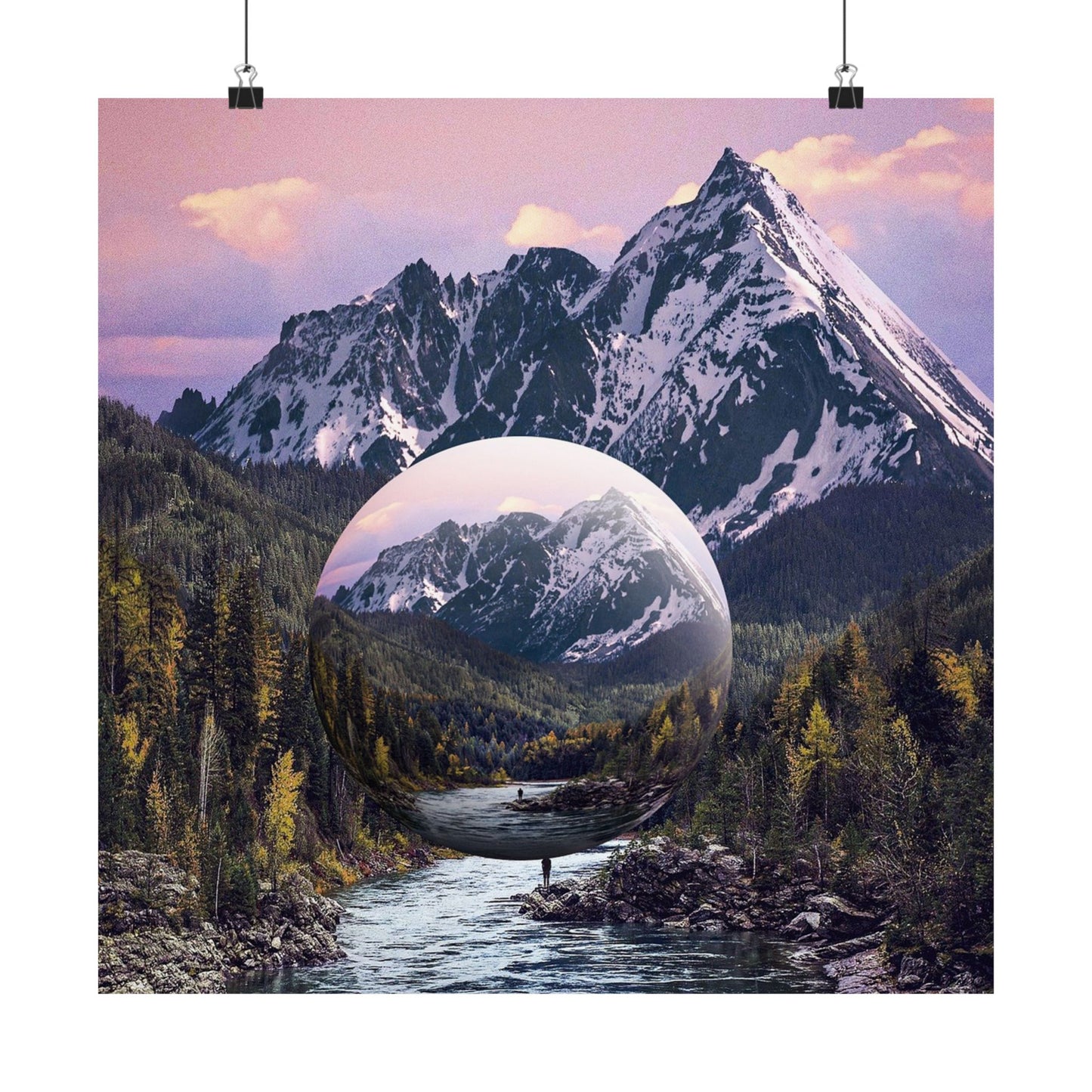 Mountain landscape with a river and a reflective sphere showing the mountain.
