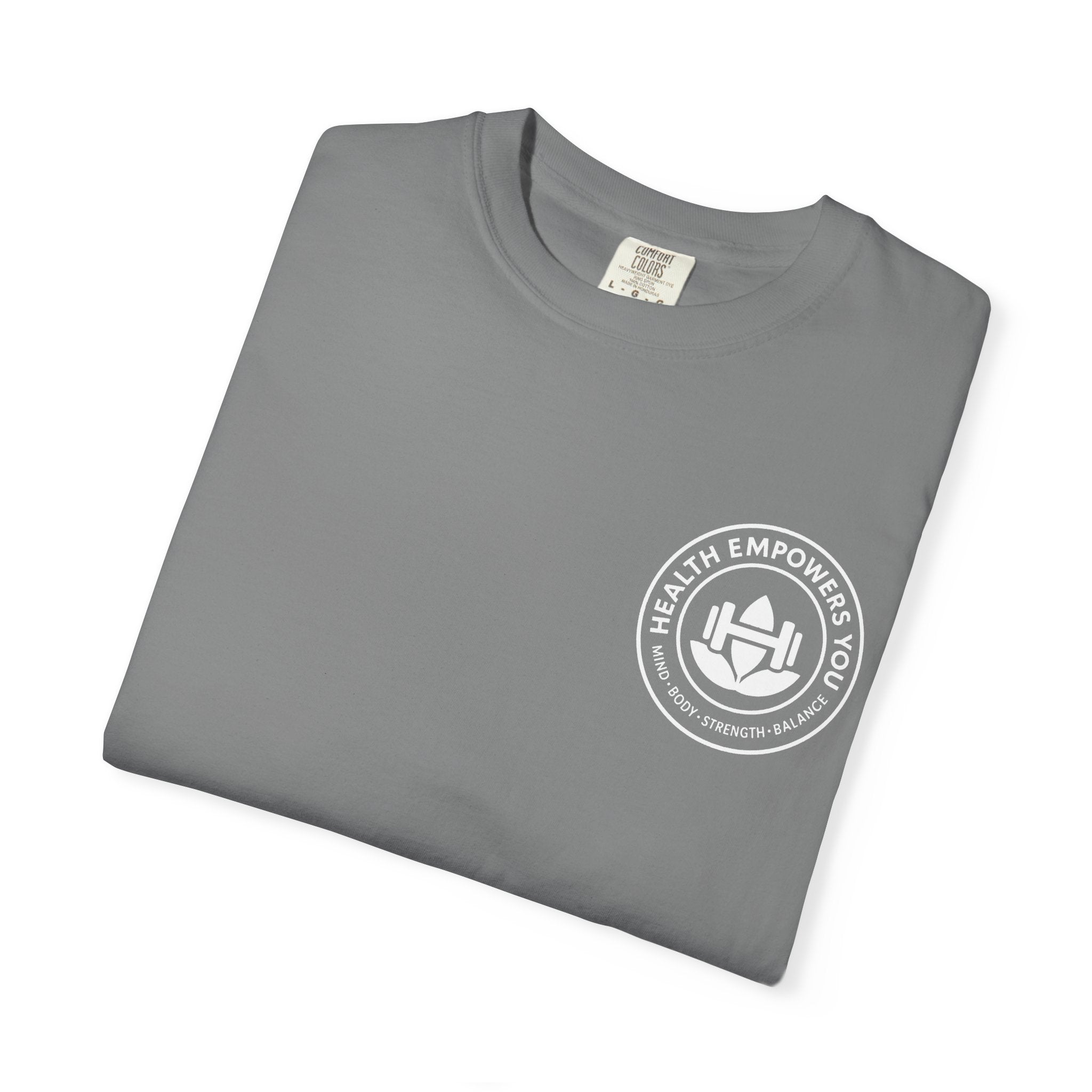 Folded gray t-shirt with a white logo on a white background