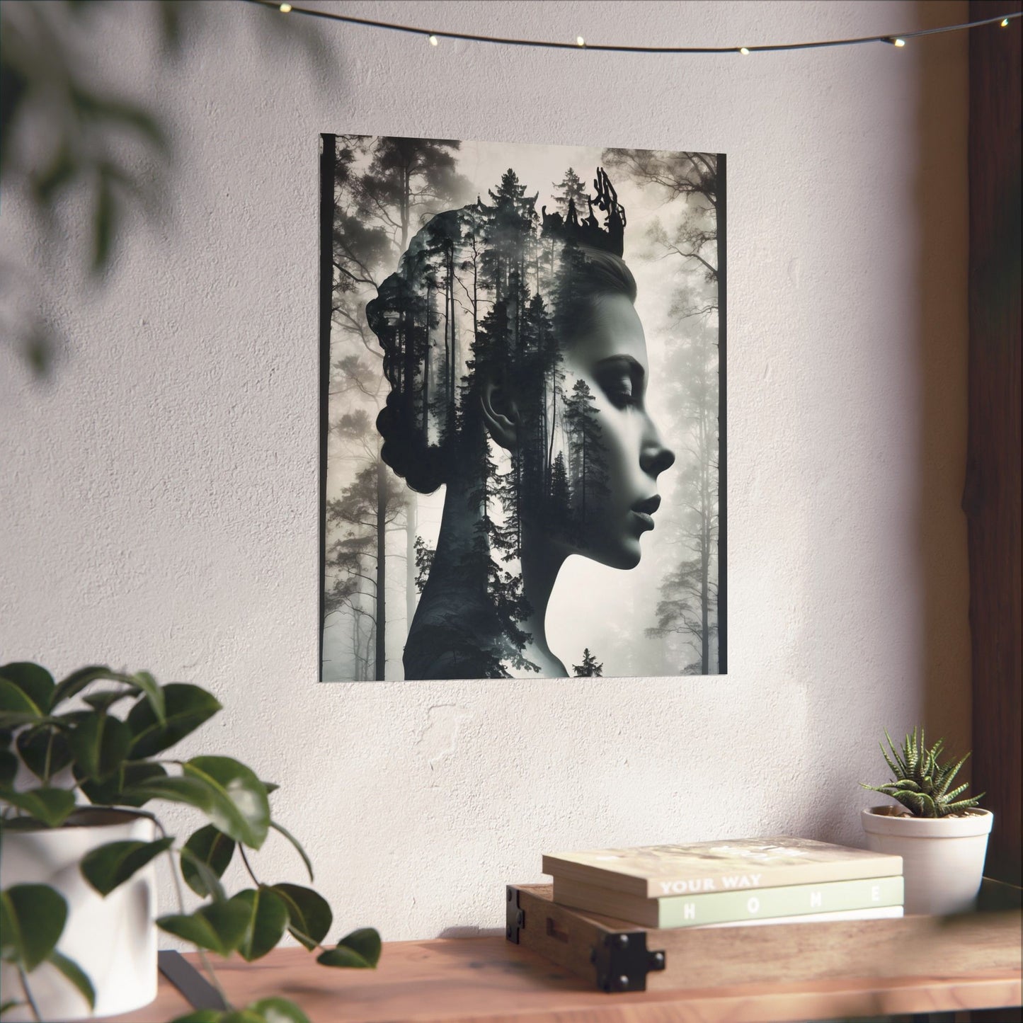 Artistic wall tapestry with a woman's silhouette and forest design, placed on a wall above a wooden surface with plants.