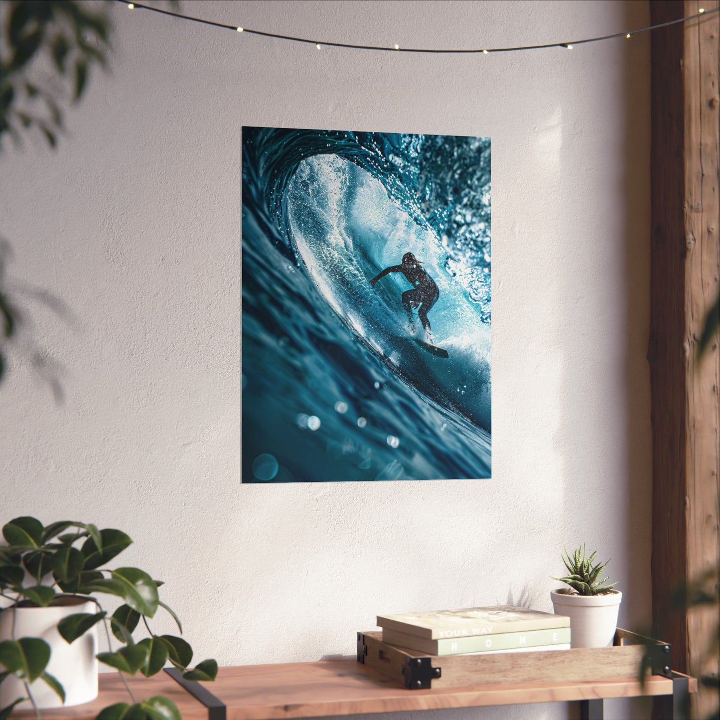 Wall art of a surfer riding a wave on a white wall above a wooden shelf with plants and books.