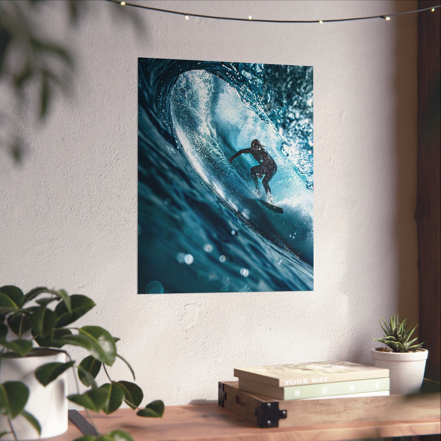 Framed artwork of a surfer in a wave on a wall above a desk with plants and books.