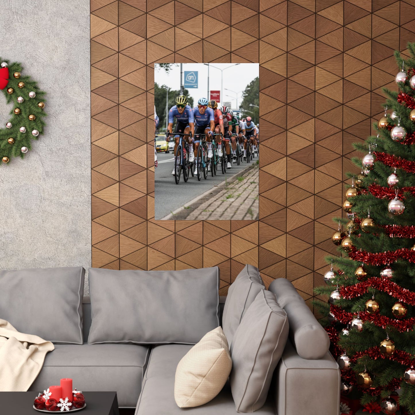 Living room with a geometric-patterned mirror, Christmas tree, and sofa.