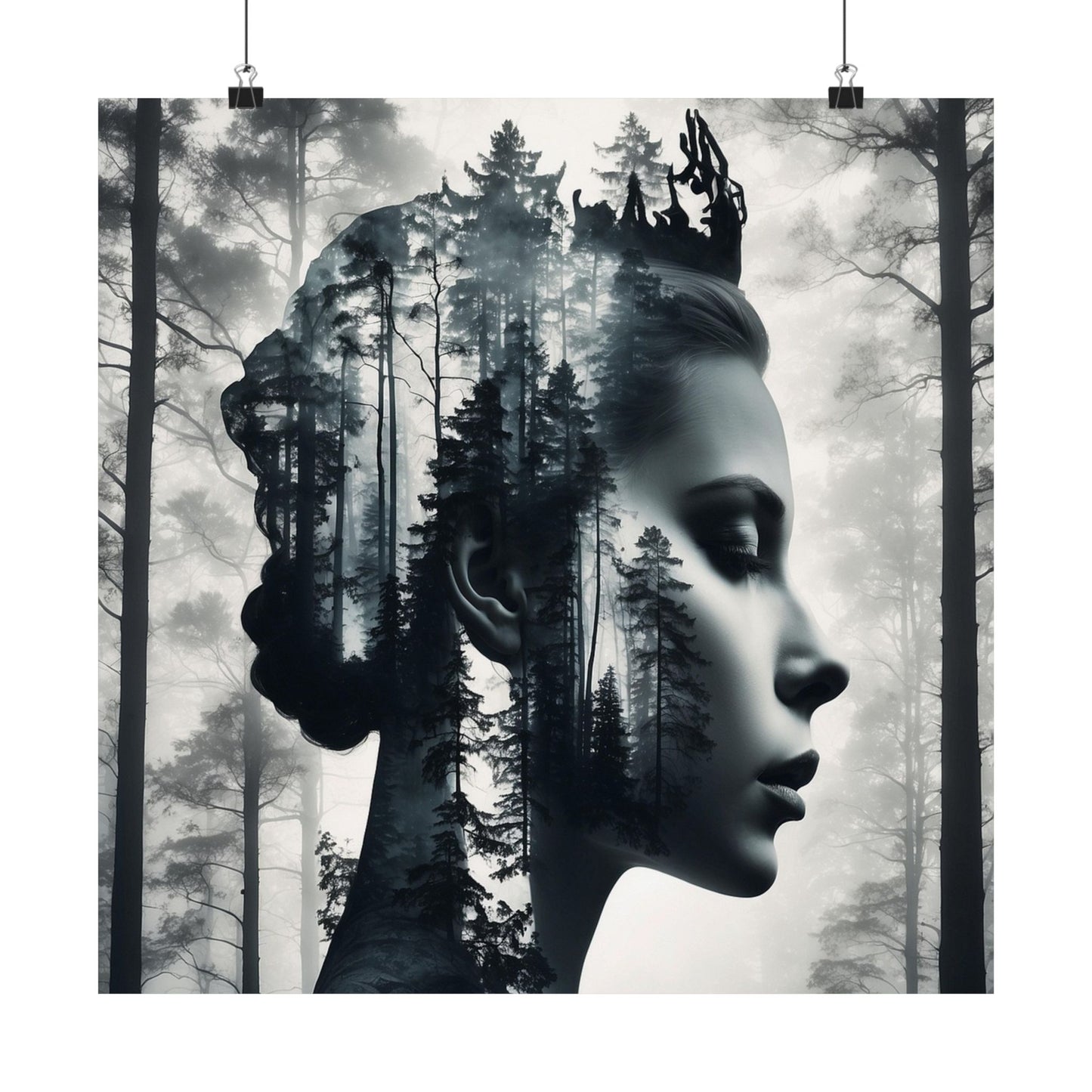 Artistic fusion of a woman's profile with a forest landscape