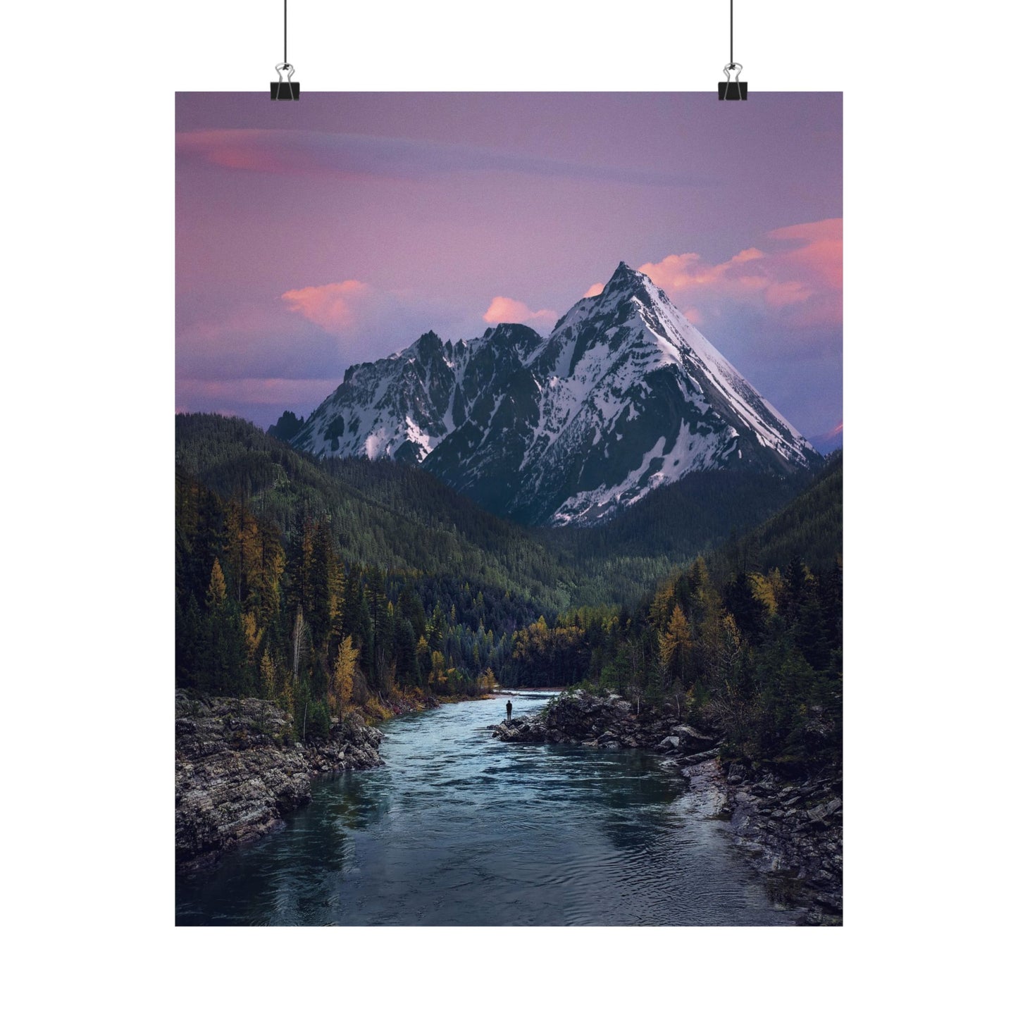 Mountain landscape with a river and forest under a purple sky