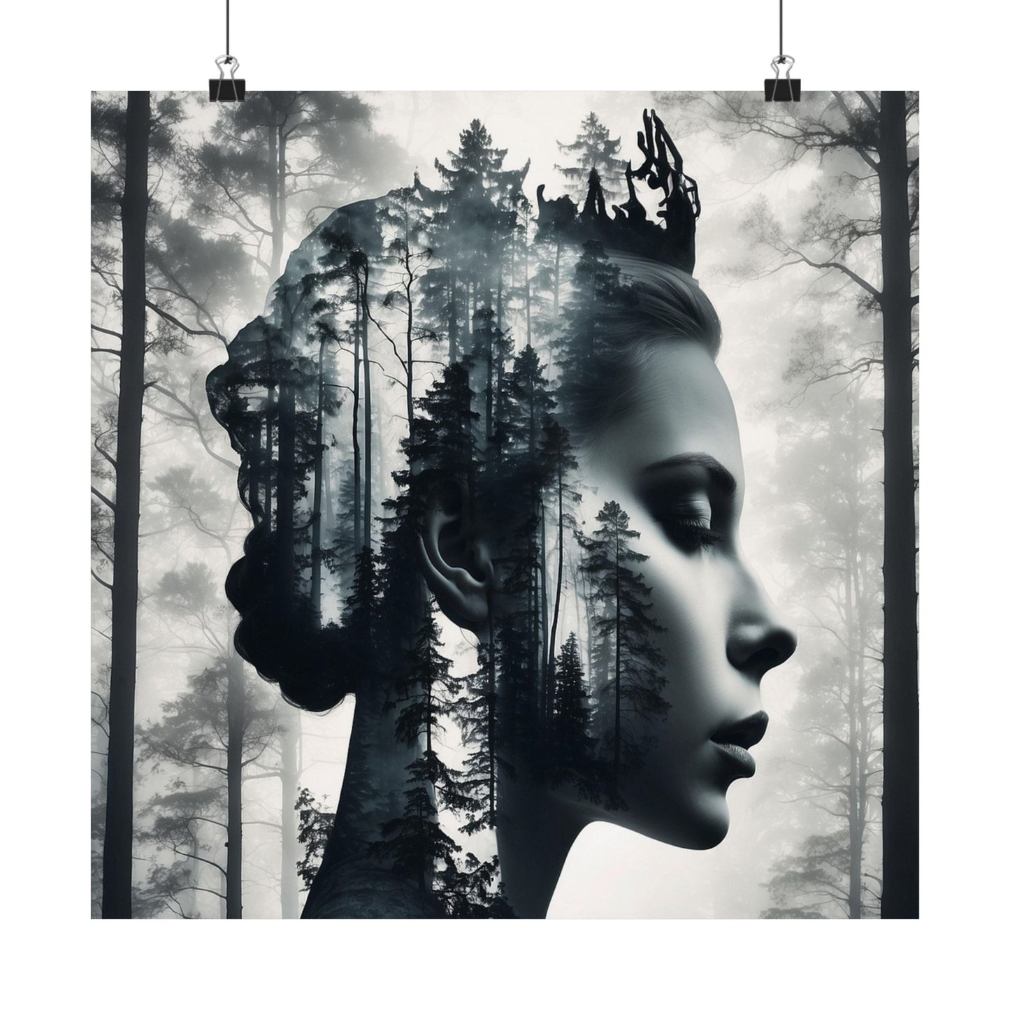 Artistic depiction of a woman's face with forest overlay