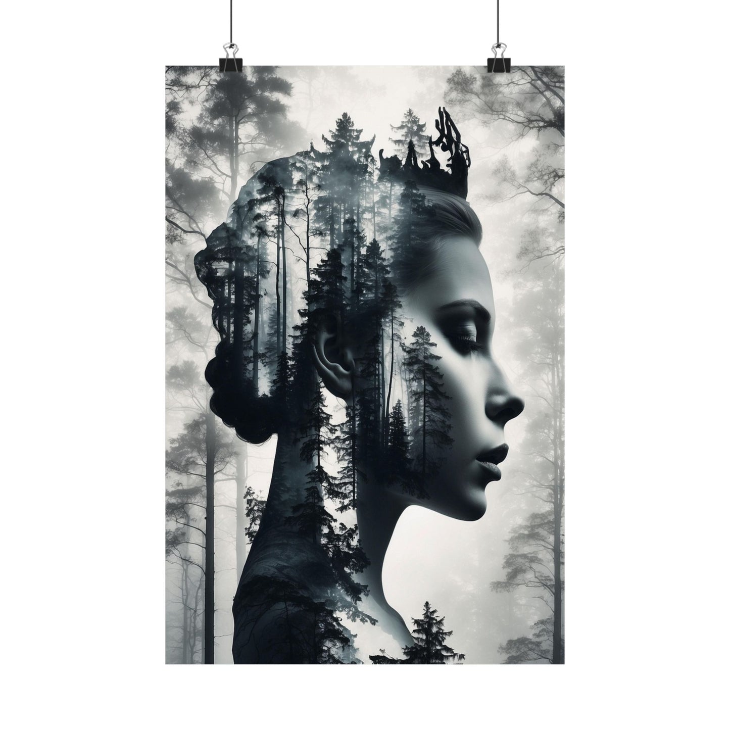 Artistic poster of a woman's face with a forest overlay