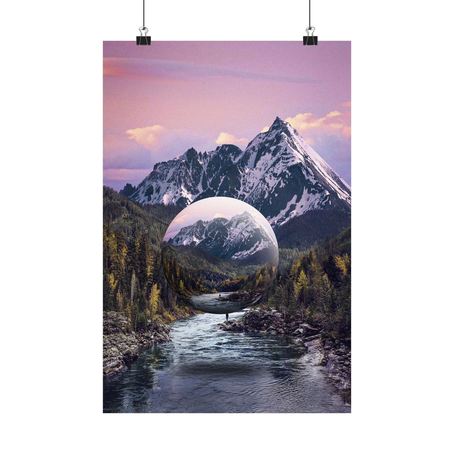 Mountain landscape with a river and a spherical planet overlay, set against a pink and purple sky.