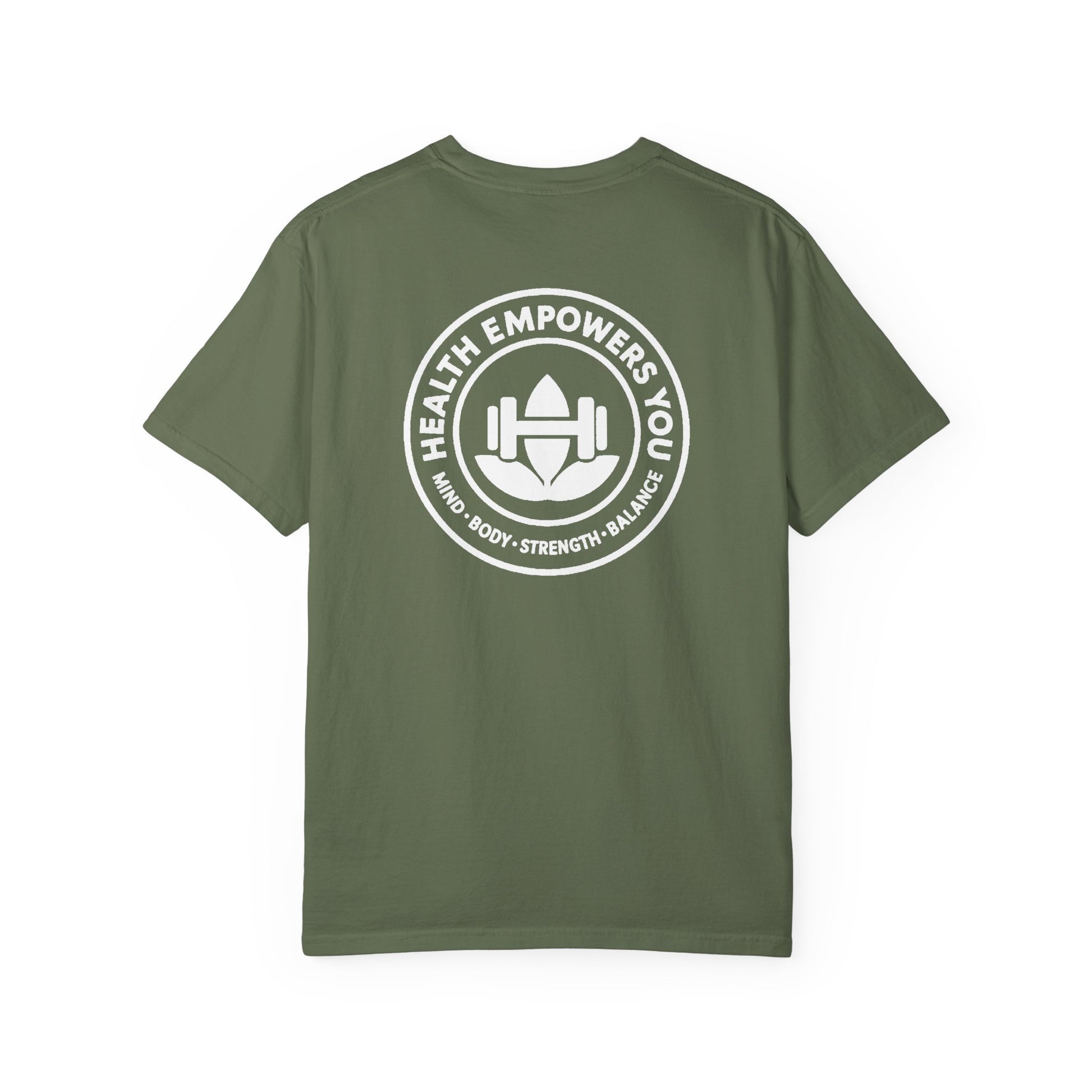 Green t-shirt with a white logo and text on the back, on a white background