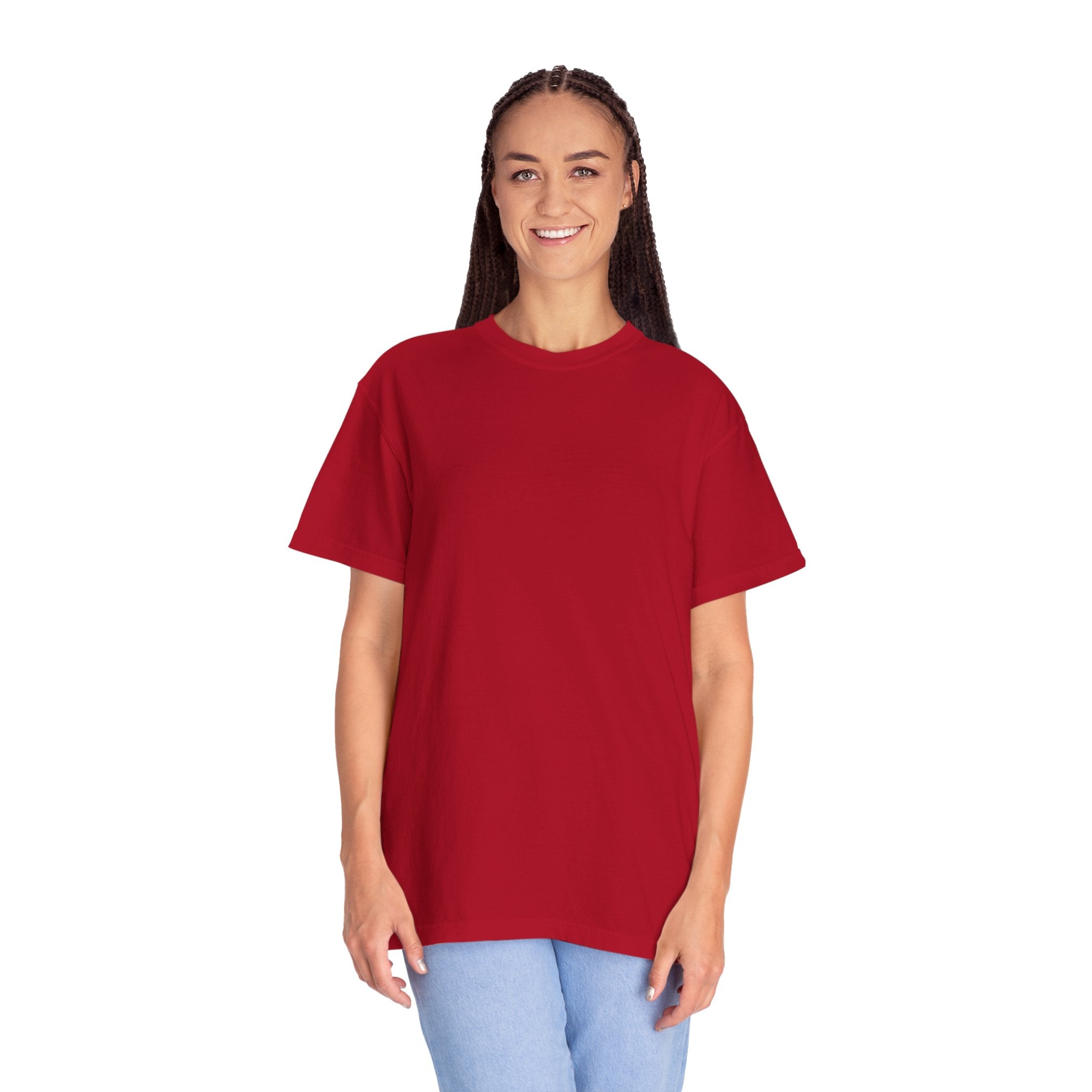 Person wearing a red t-shirt on a white background